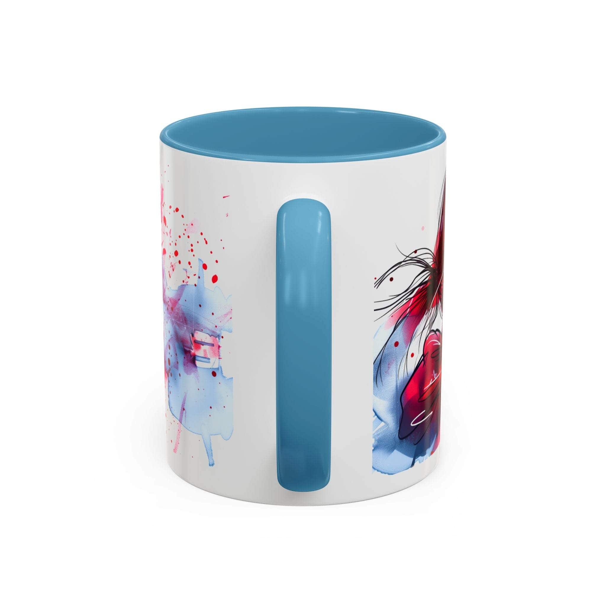 Mug with colorful design and blue handle on a white background