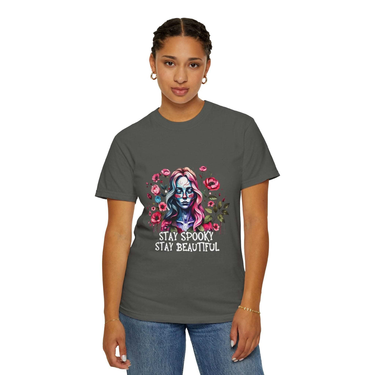 woman wearing dark gray floral skeleton t-shirt with "Stay Spooky Stay Beautiful" text