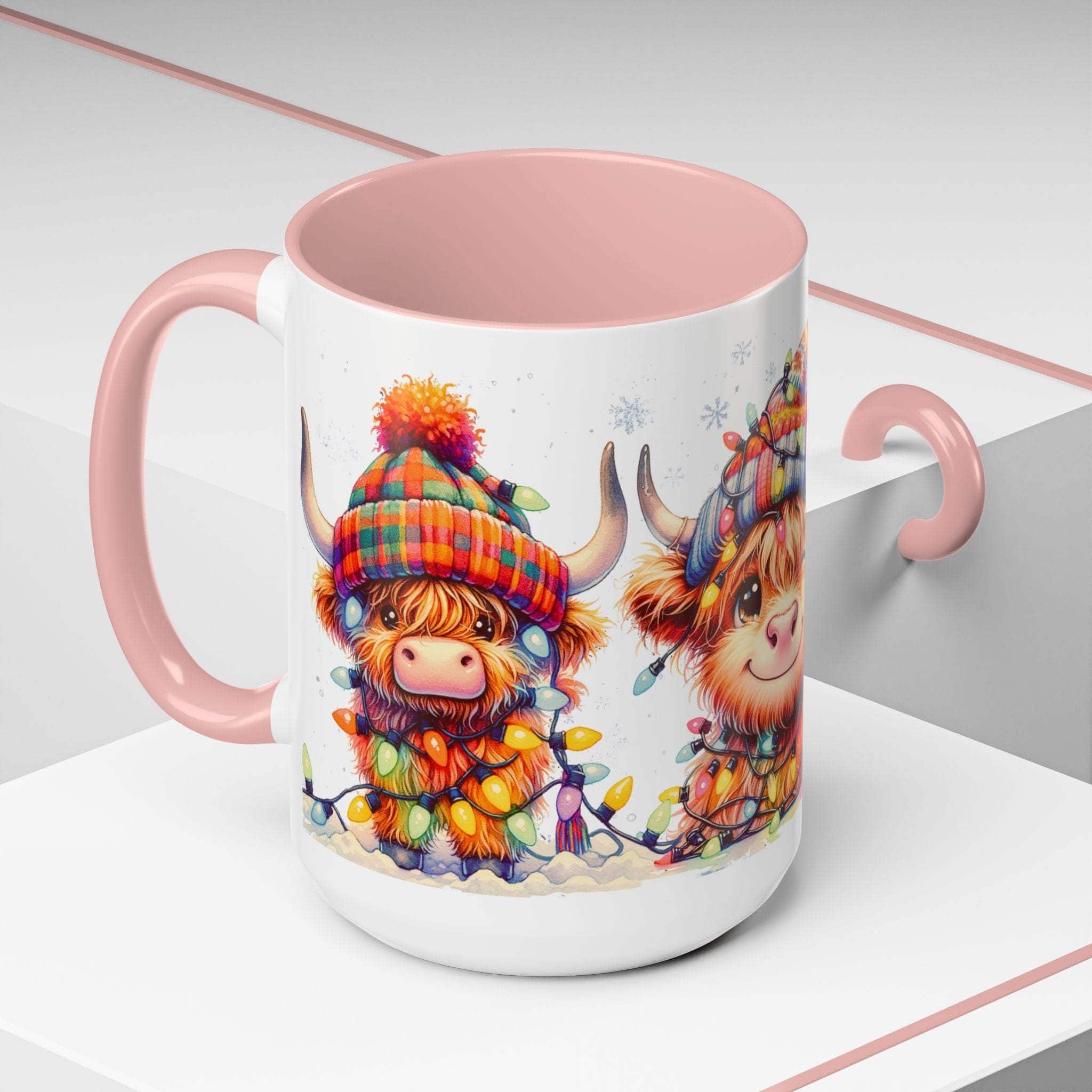 Scottish Highland Cow Christmas coffee mug with festive colorful hat and lights, pink interior and handle, ceramic holiday accent cup