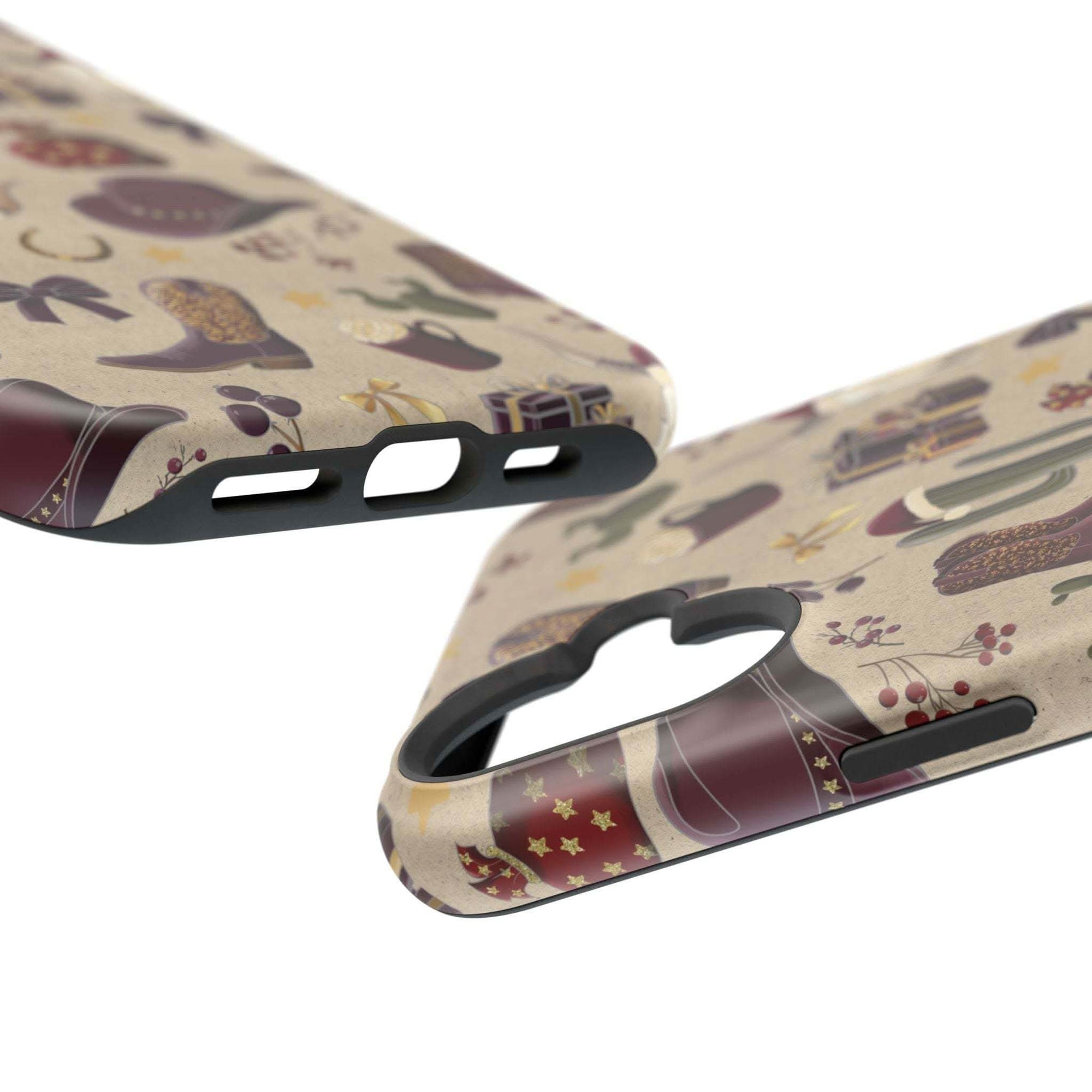 Cowboy Christmas design phone case for iPhone 17 in glossy finish by Printify, featuring festive colors and patterns.