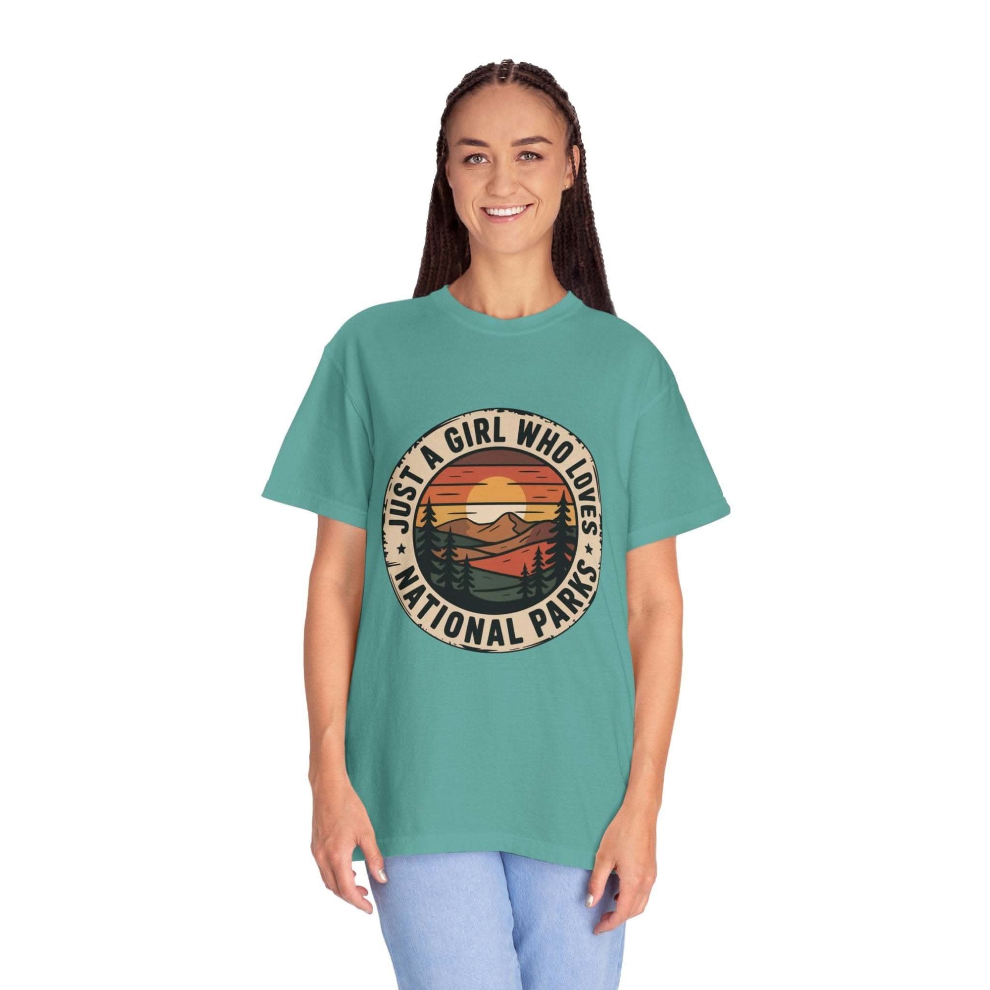 National Parks T-Shirt with "Just a Girl Who Loves National Parks" text on soft garment-dyed cotton
