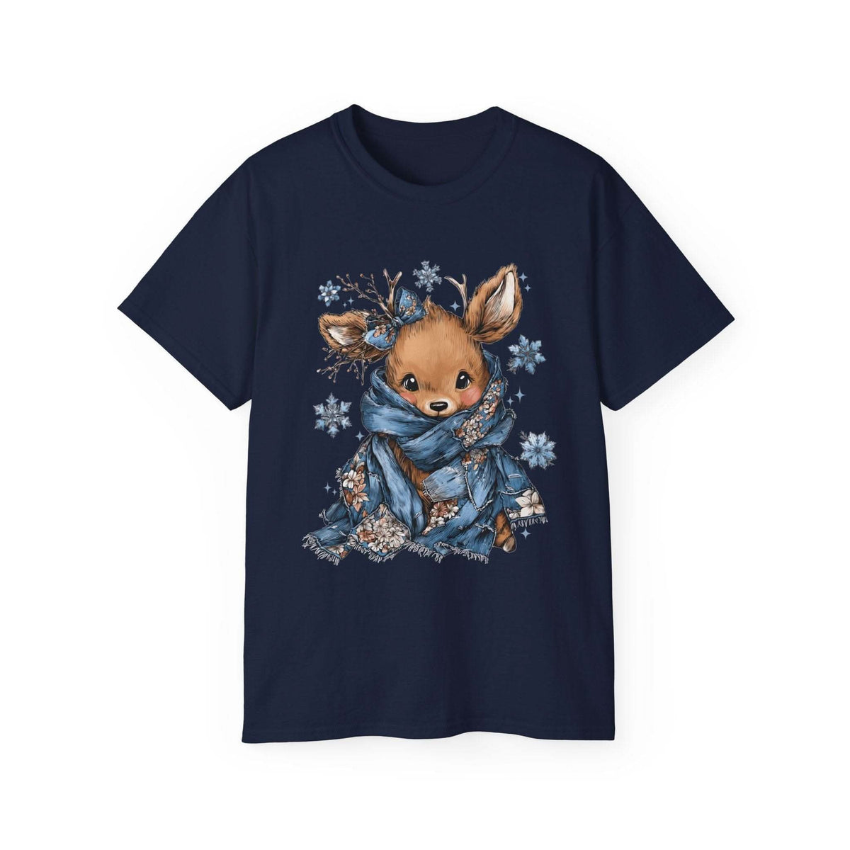 White t-shirt with retro patchwork reindeer design wearing blue scarf and surrounded by snowflakes