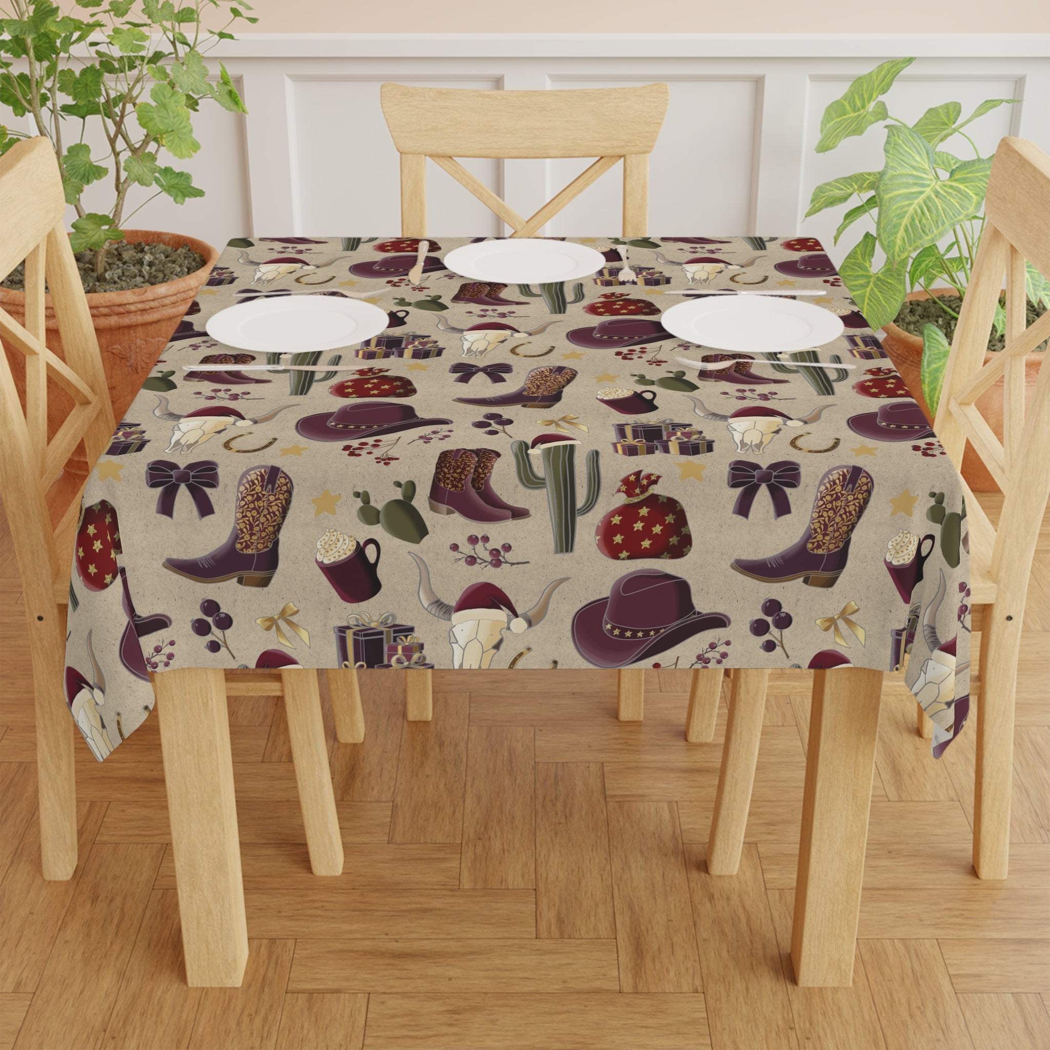 Cowboy Christmas tablecloth with western holiday design on dining table