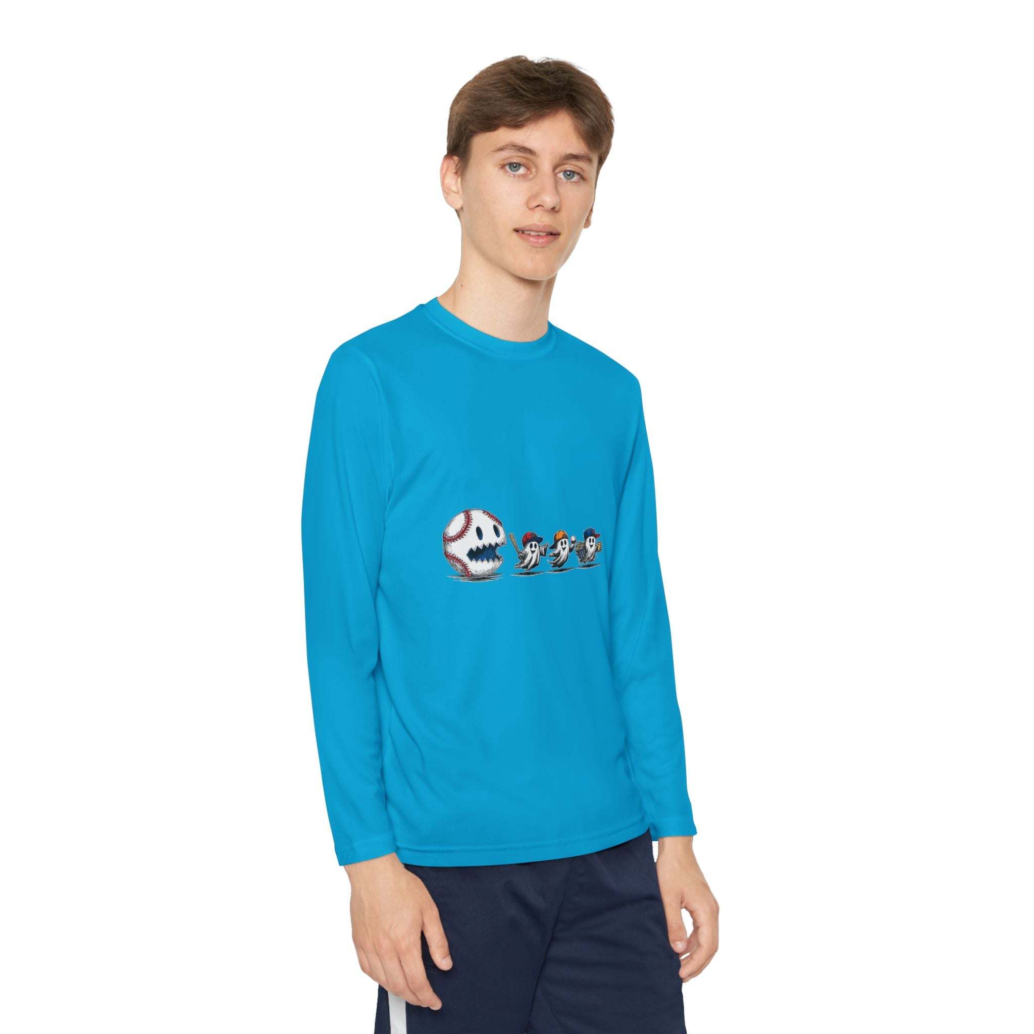 Youth Tee long sleeve blue shirt with baseball eating Halloween ghosts graphic design