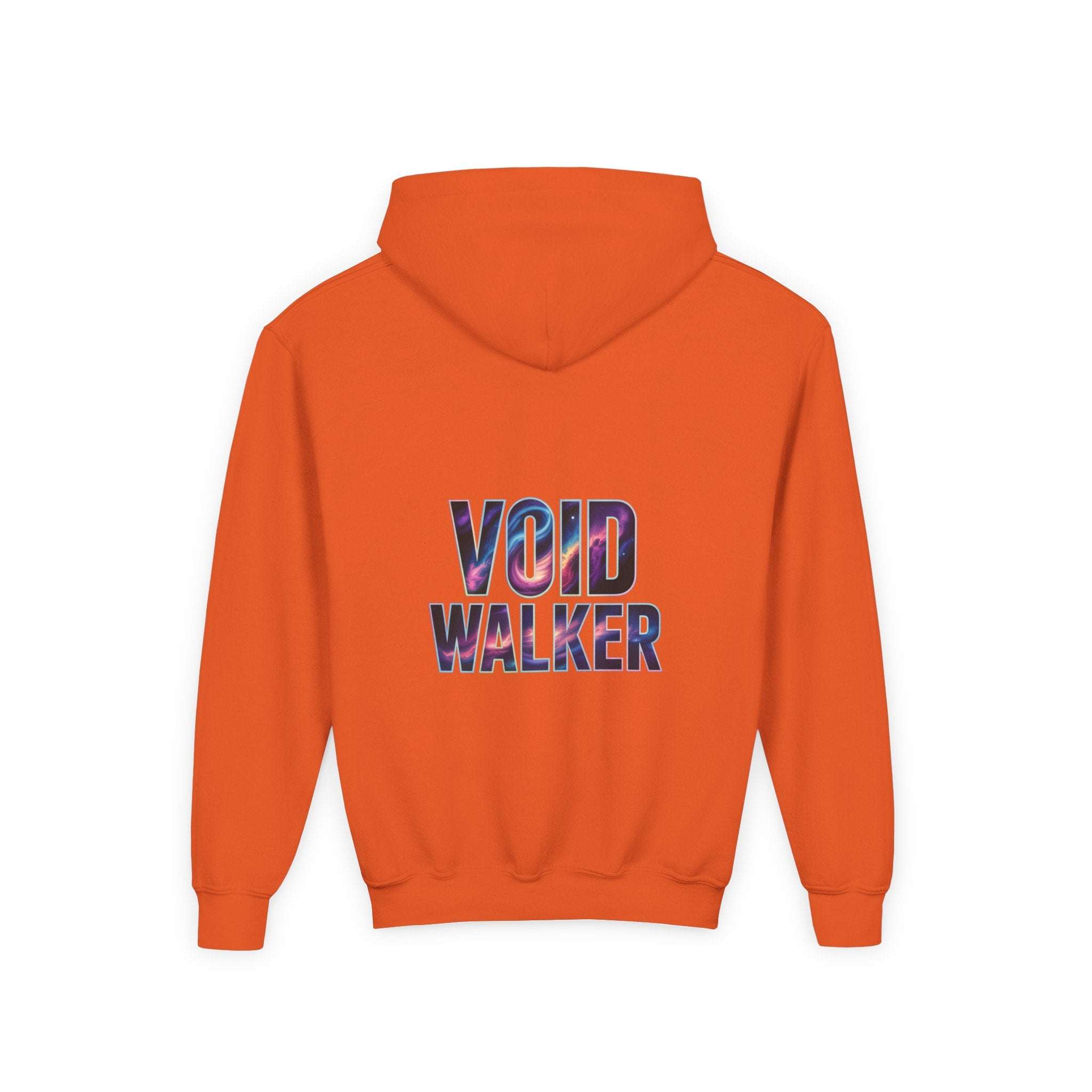 Orange kids galaxy hoodie with Void Walker galaxy print on back and front kangaroo pocket