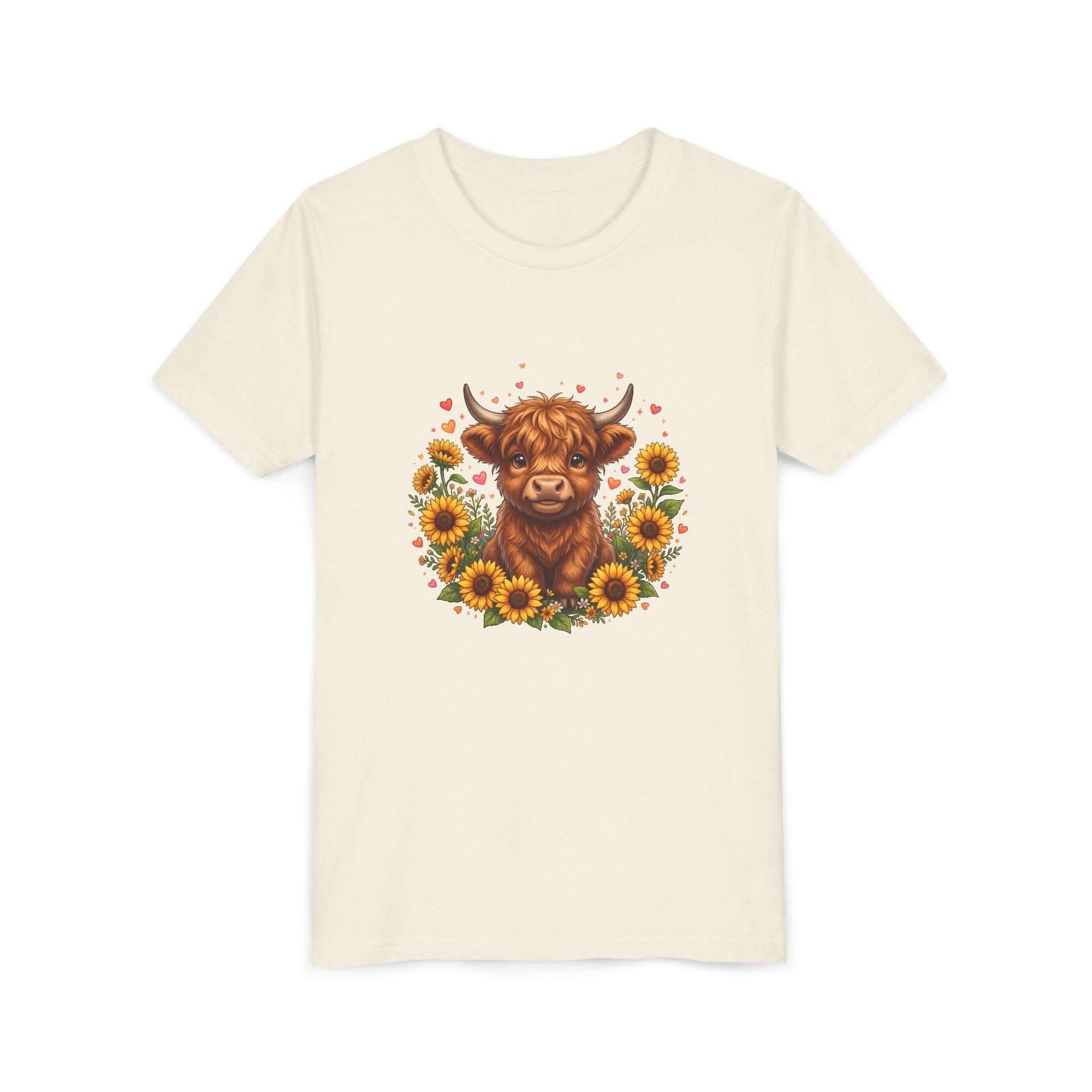 Youth tee featuring a Highland cow surrounded by sunflowers floral design