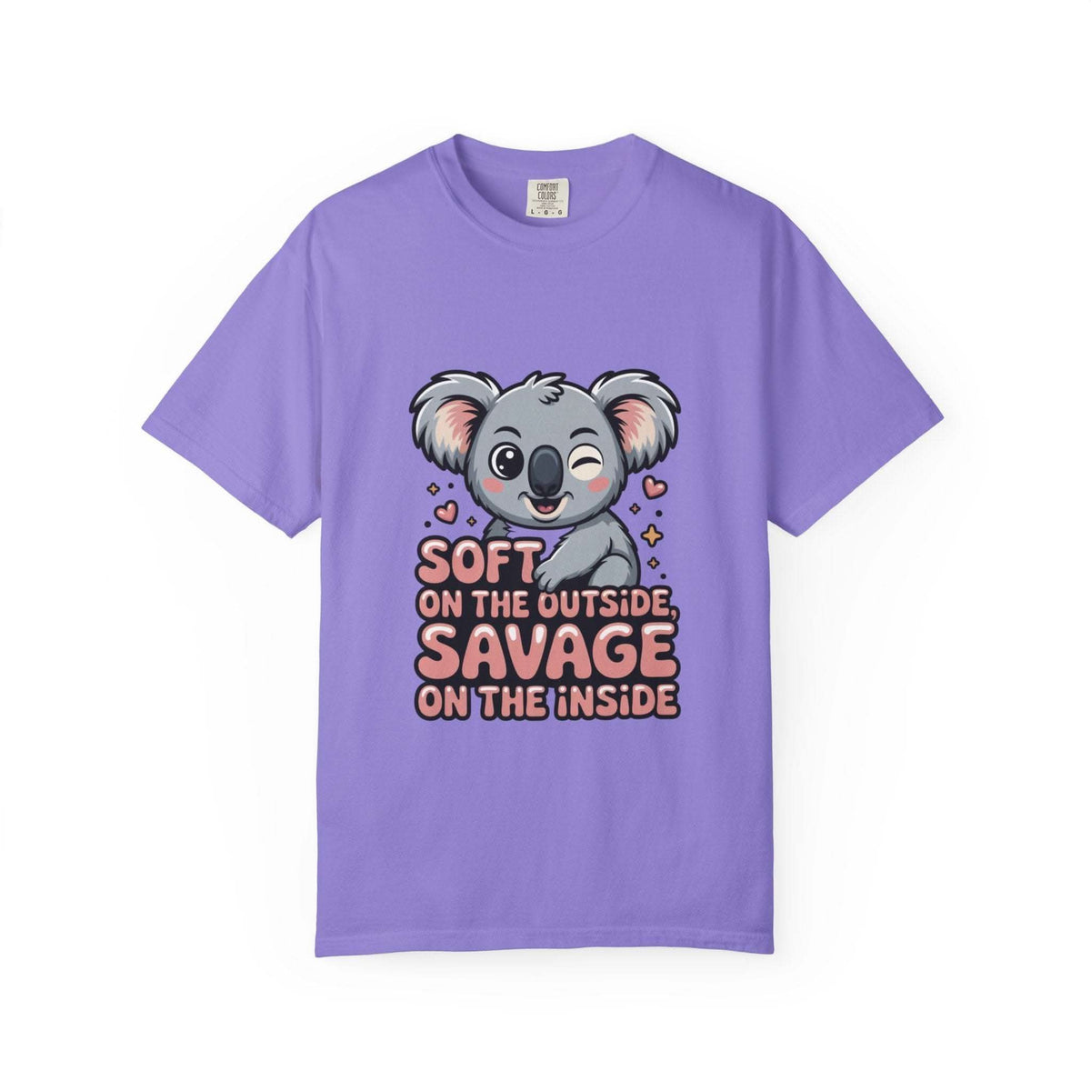 Lavender t-shirt with cute koala graphic and "Soft on the Outside Savage on the Inside" text design