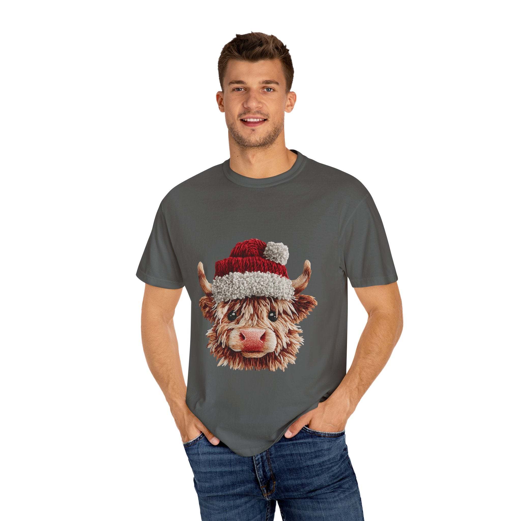 Man wearing grey t-shirt with faux crochet yarn Highland cow Santa print