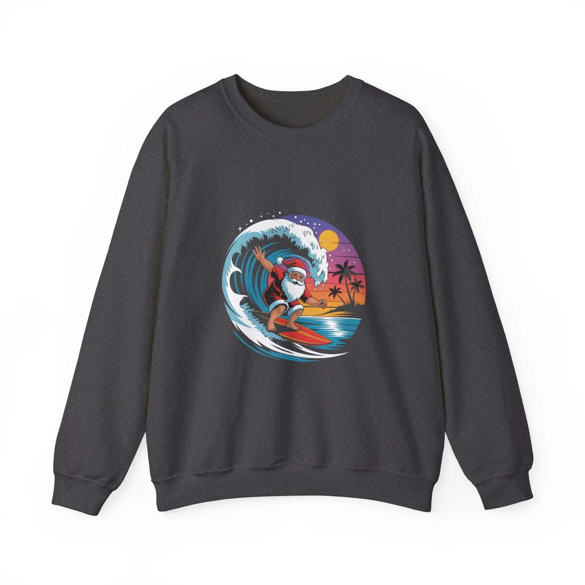 Navy Santa sweatshirt featuring a surfing design, perfect for holiday beachwear by Printify.