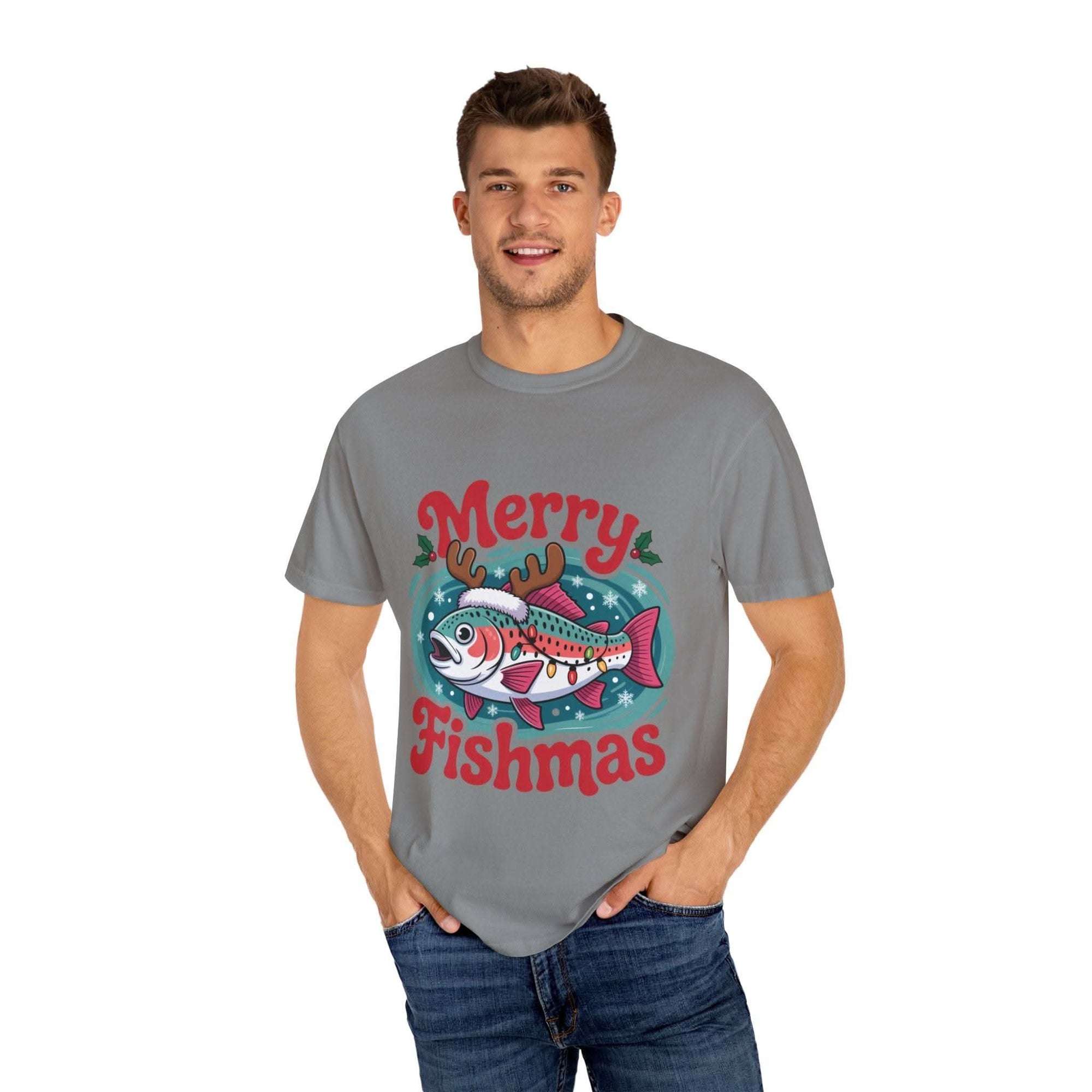 True Navy garment-dyed t-shirt featuring Merry Fishmas design for fishermen, by Printify