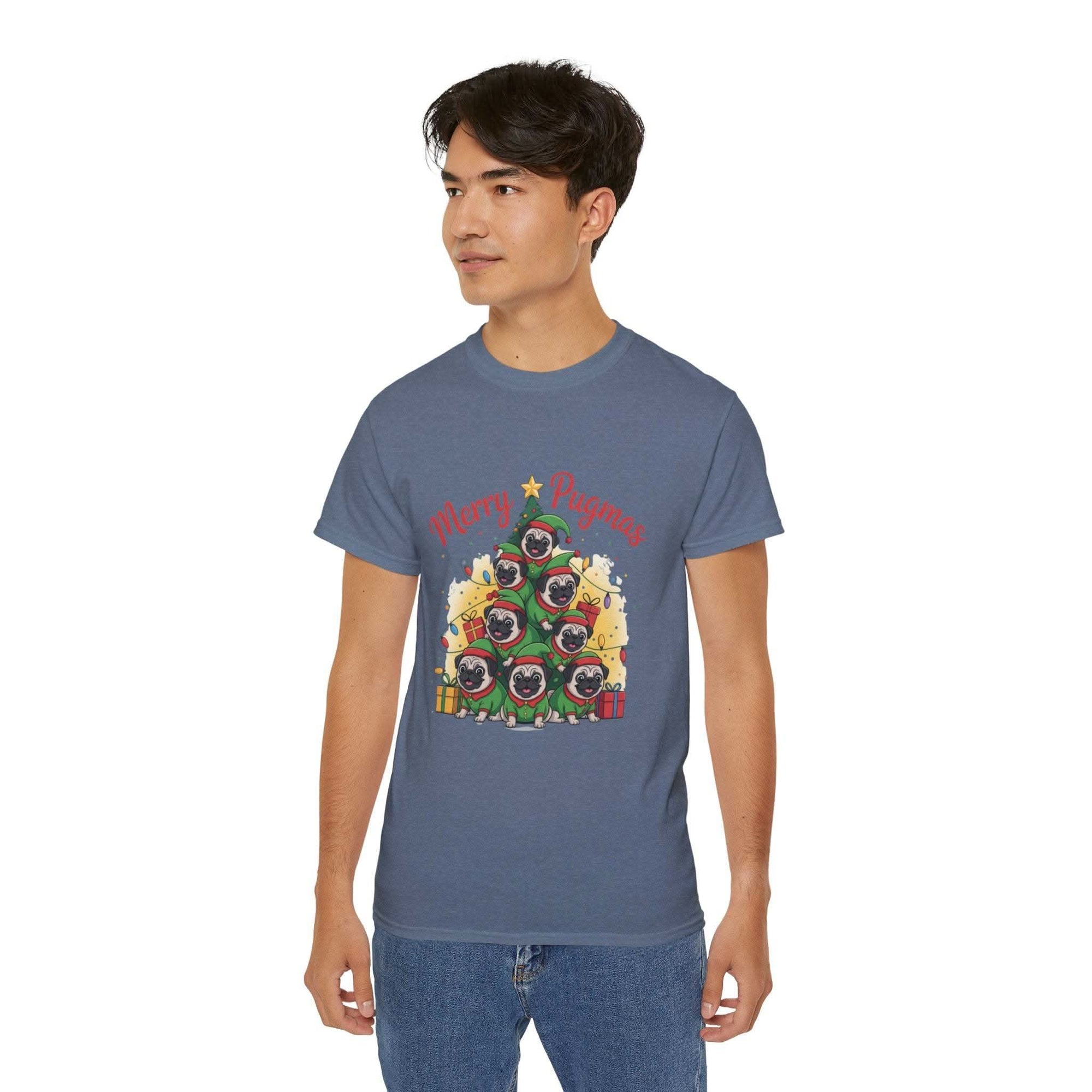 Black Merry Pugmas holiday t-shirt from Printify, featuring festive pug design for dog lovers.