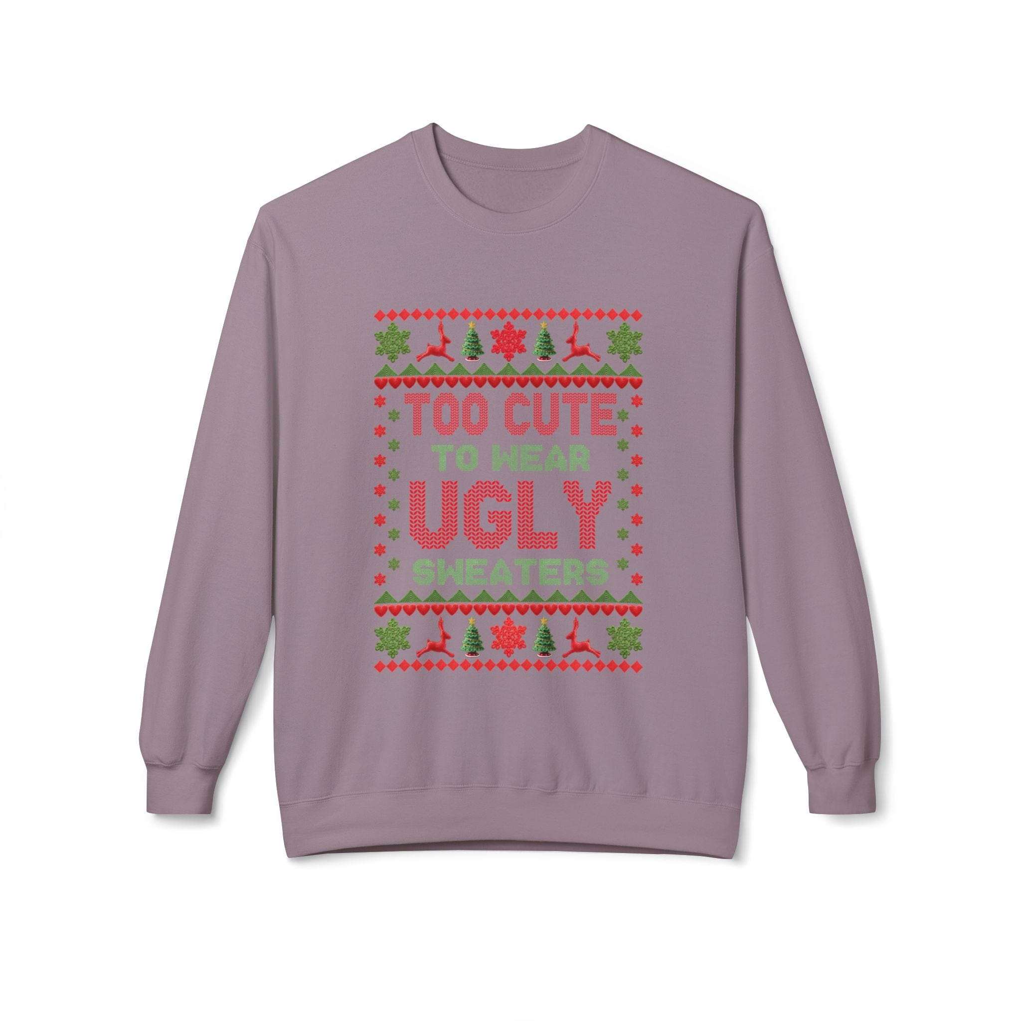 Navy unisex fleece sweatshirt featuring 'Too Cute To Wear Ugly Sweaters' text, perfect for Christmas celebrations