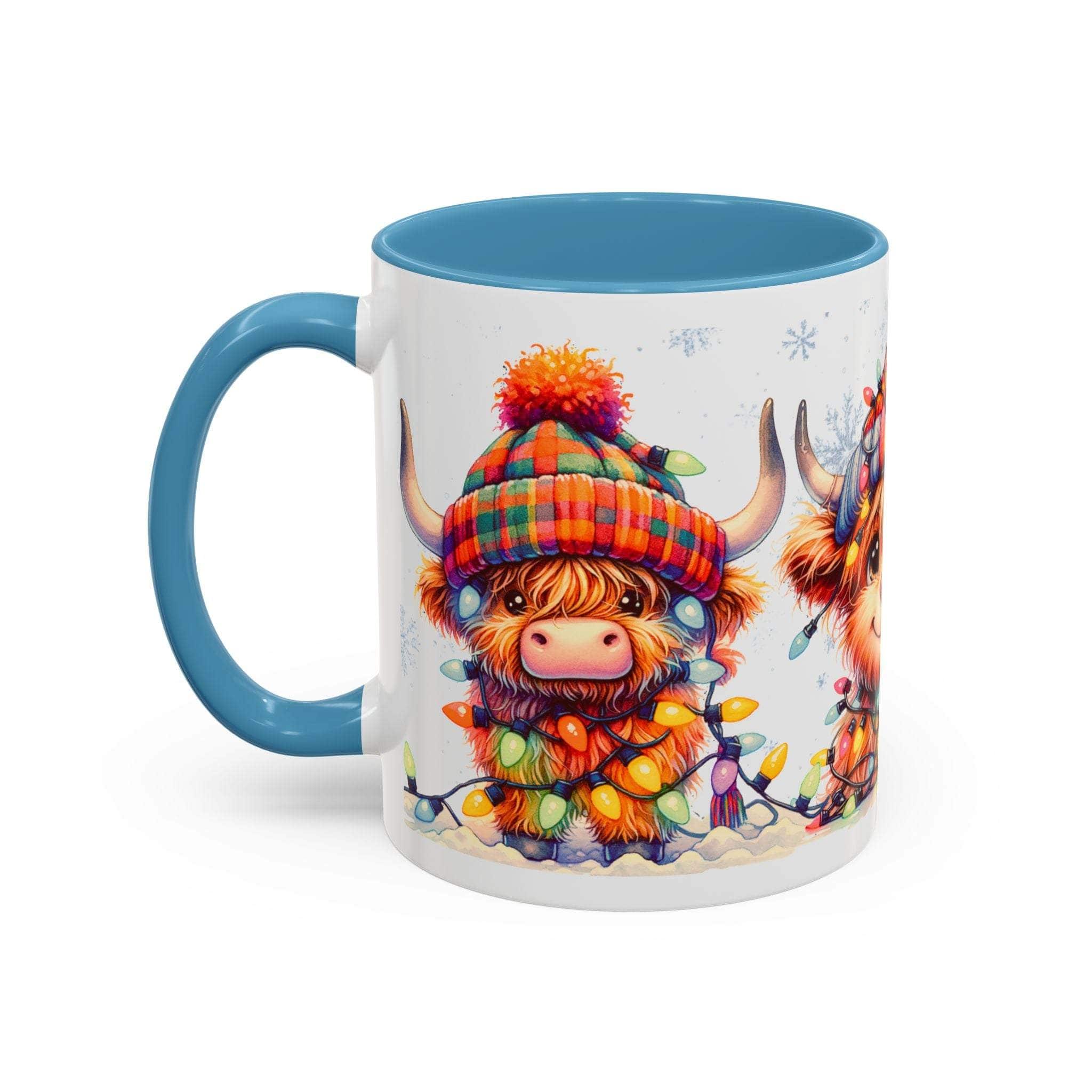 Christmas coffee mug with colorful Scottish Highland cow wearing a winter hat and holiday lights