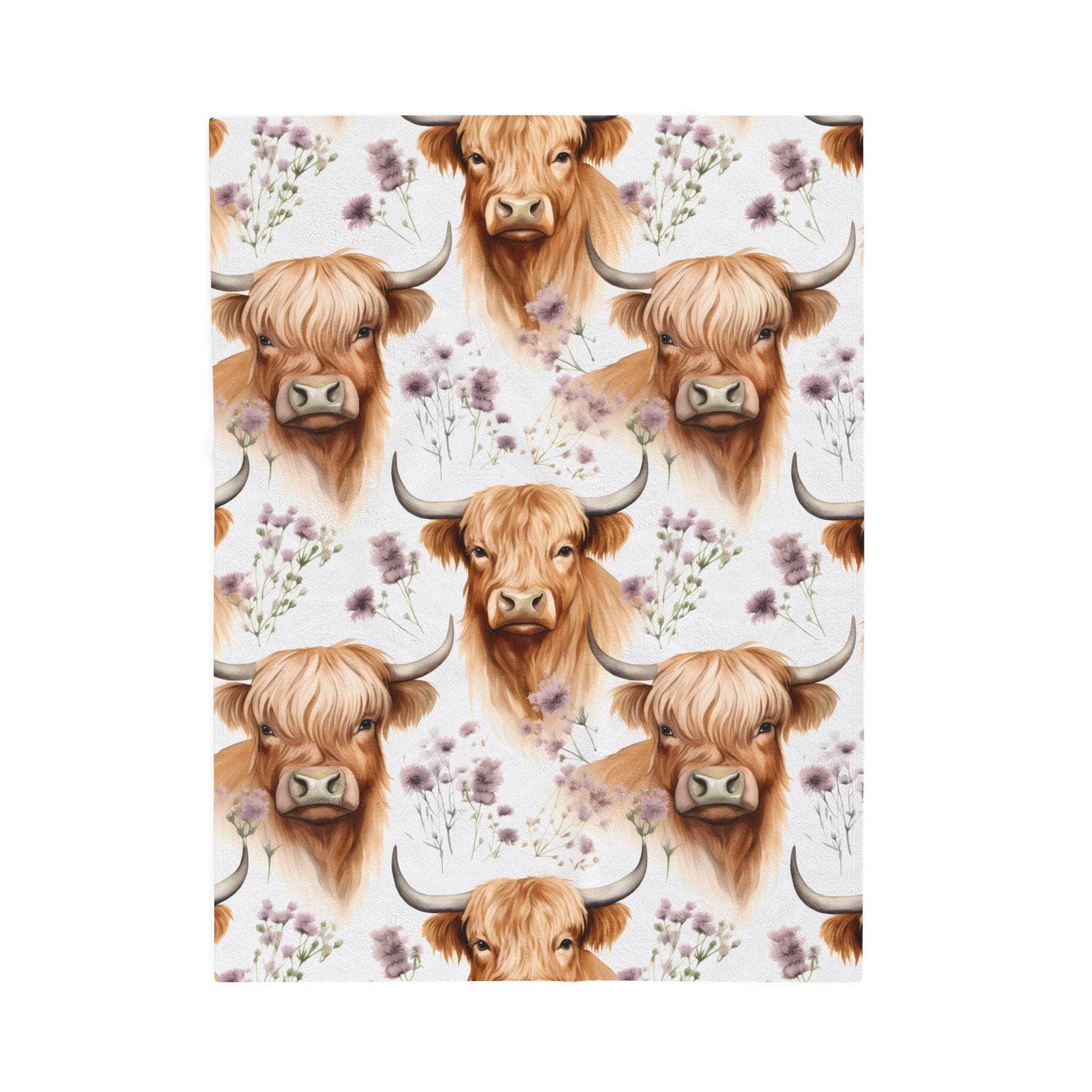 Cozy plush blanket with floral Highland cow design, available in multiple sizes, by Printify.