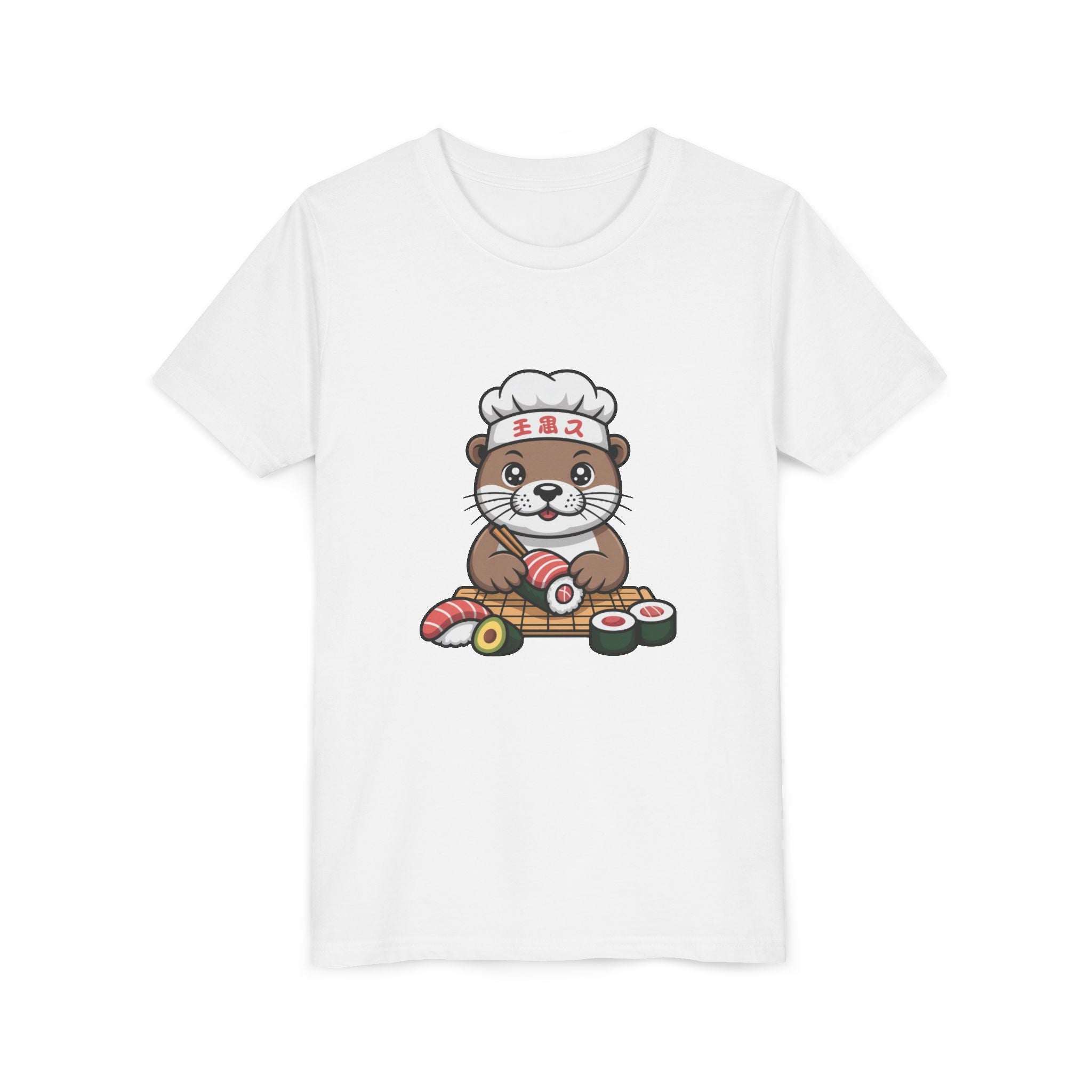 Cute Otter Sushi Chef graphic on youth tee showcasing playful otter making sushi, soft breathable cotton, perfect for kids.