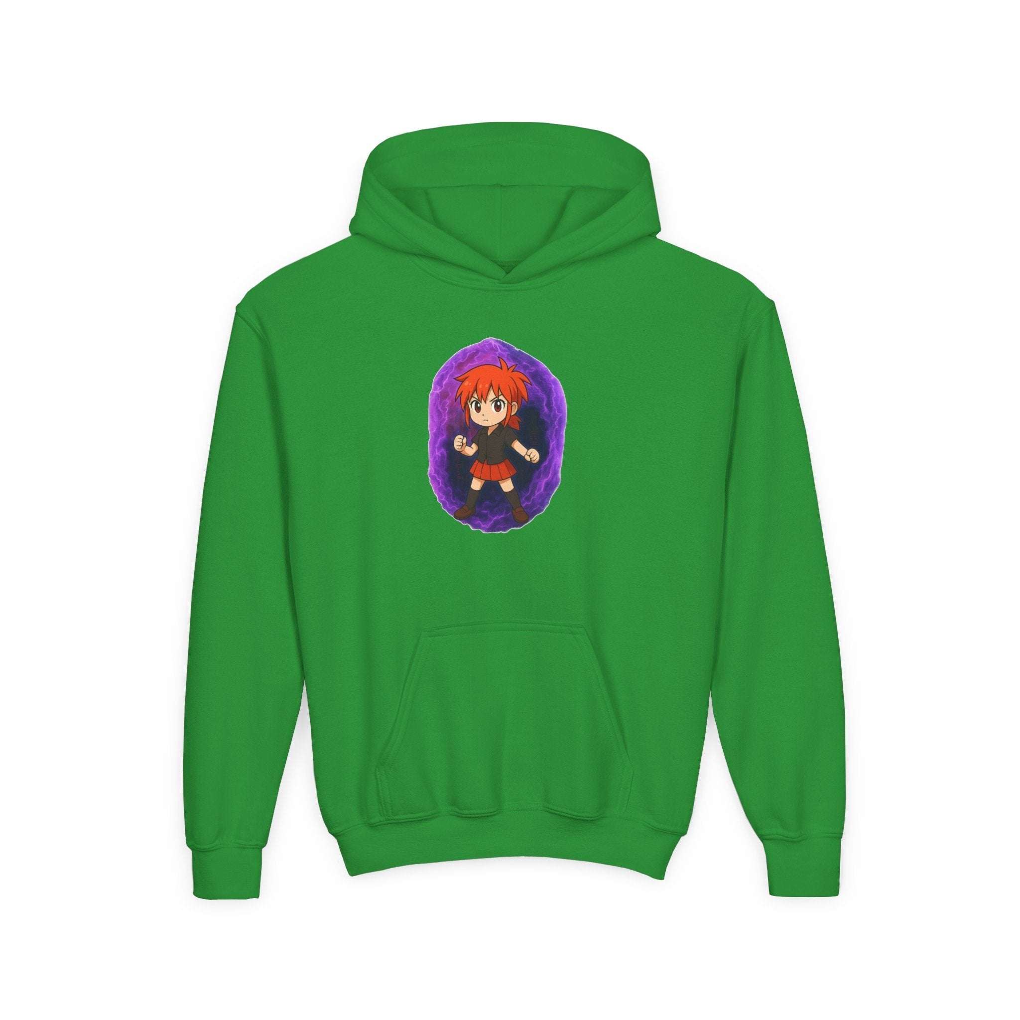 Purple Power Girl youth hoodie sweatshirt from Printify, featuring anime design and available in white, dark heather, and he