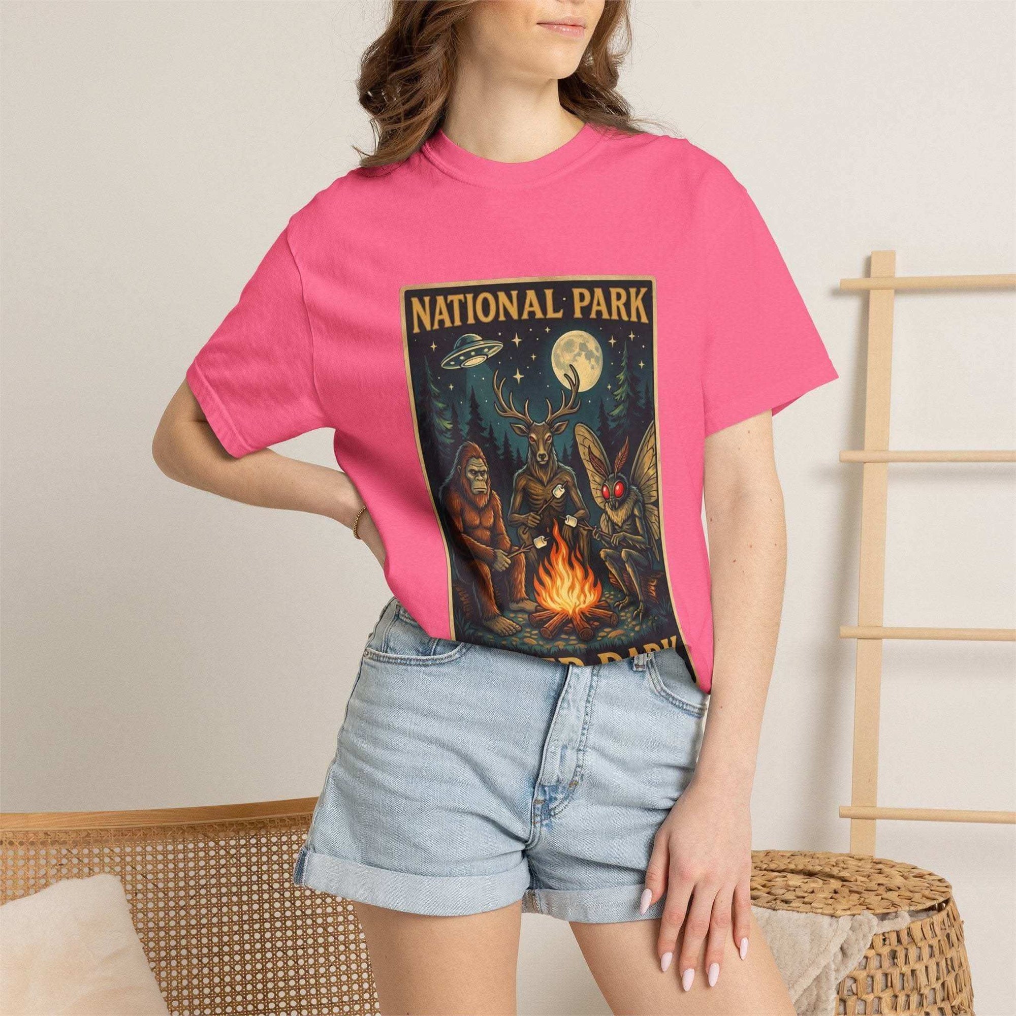 National Park After Dark T-shirt with campfire, Sasquatch, Mothman, and night creatures design on vintage garment-dyed fabric