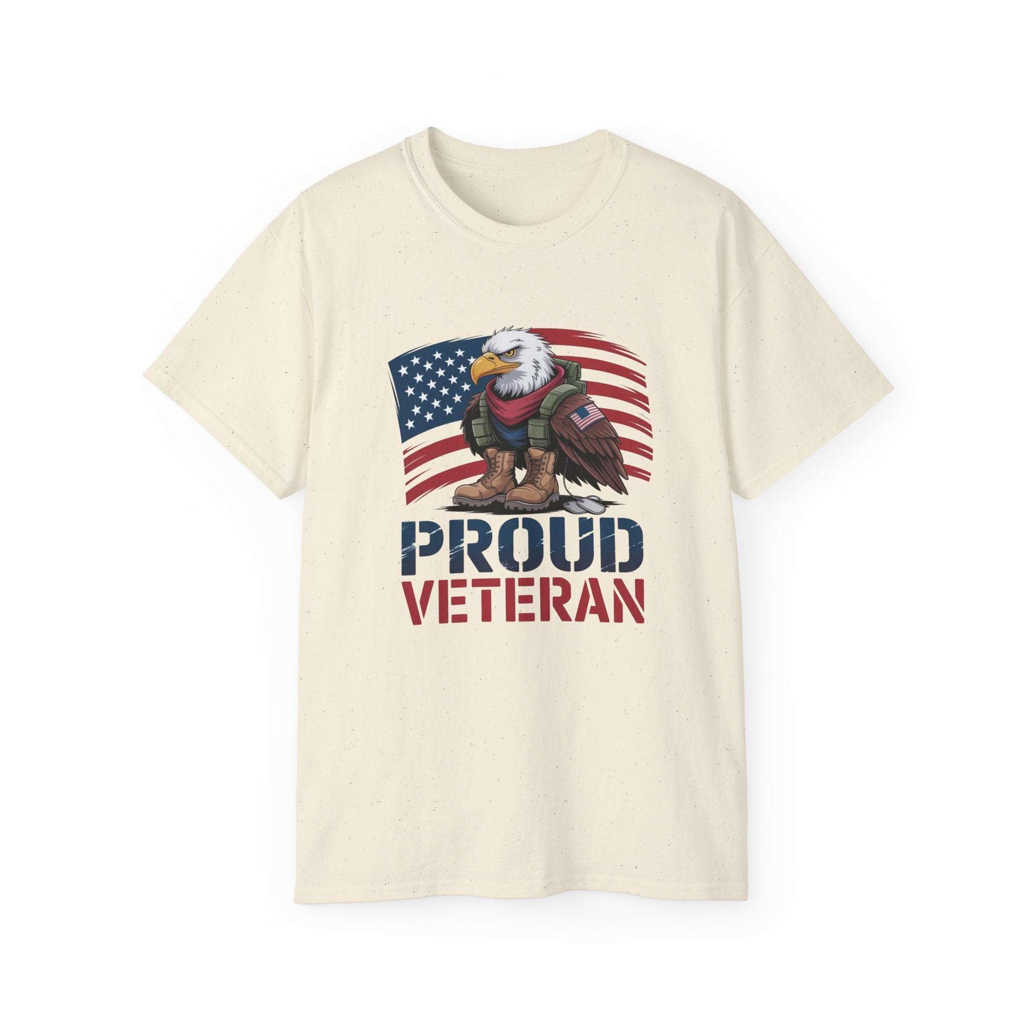White unisex Proud Veteran T-shirt in comfortable fabric, available in sizes S, M, and L from Printify