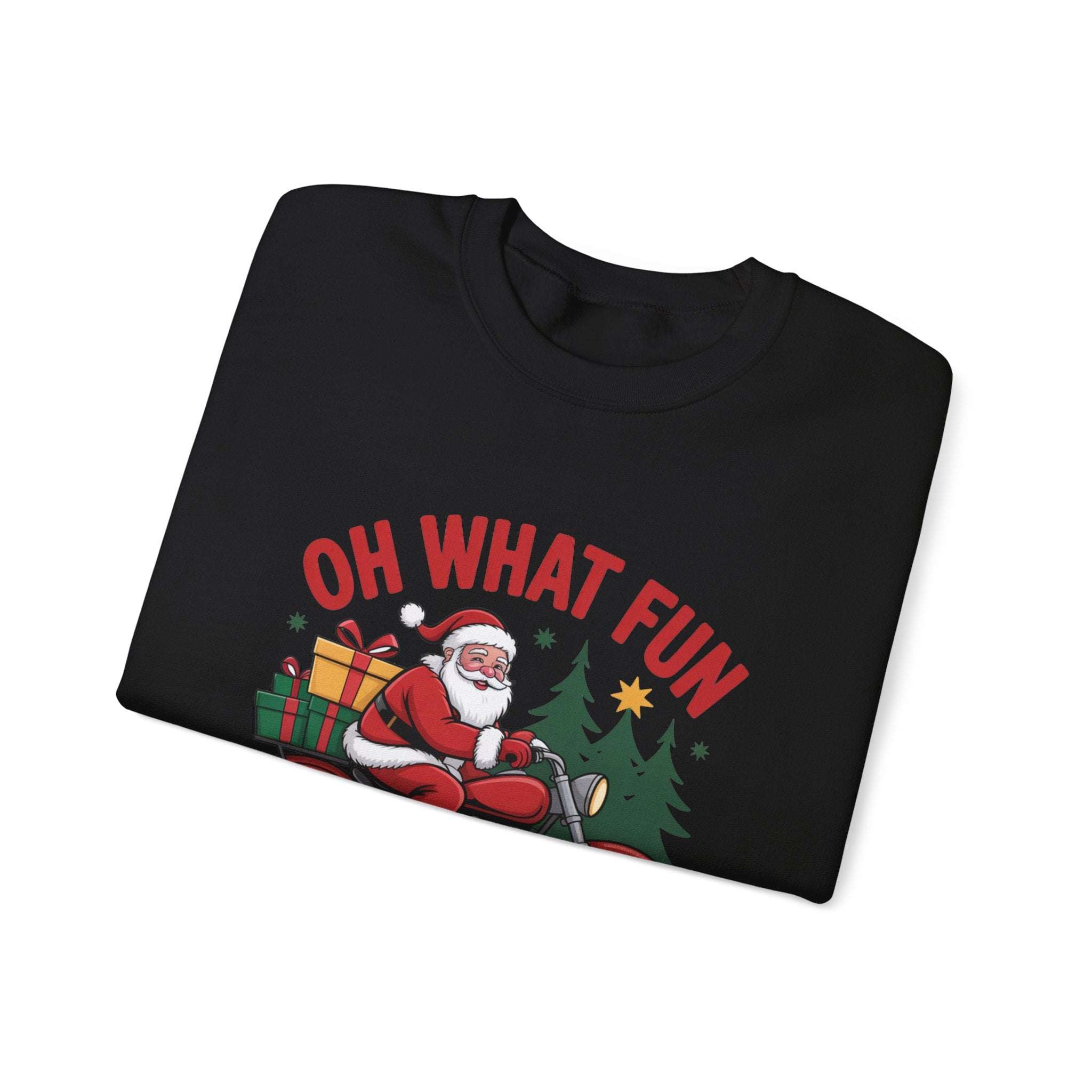 Black crewneck sweatshirt featuring a Santa motorcycle graphic by Printify, perfect for cozy winter wear.