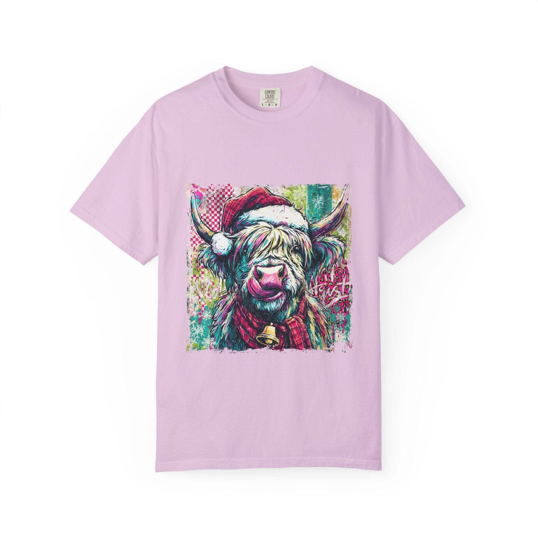 Retro Santa Highland Cow graphic on green cotton T-shirt