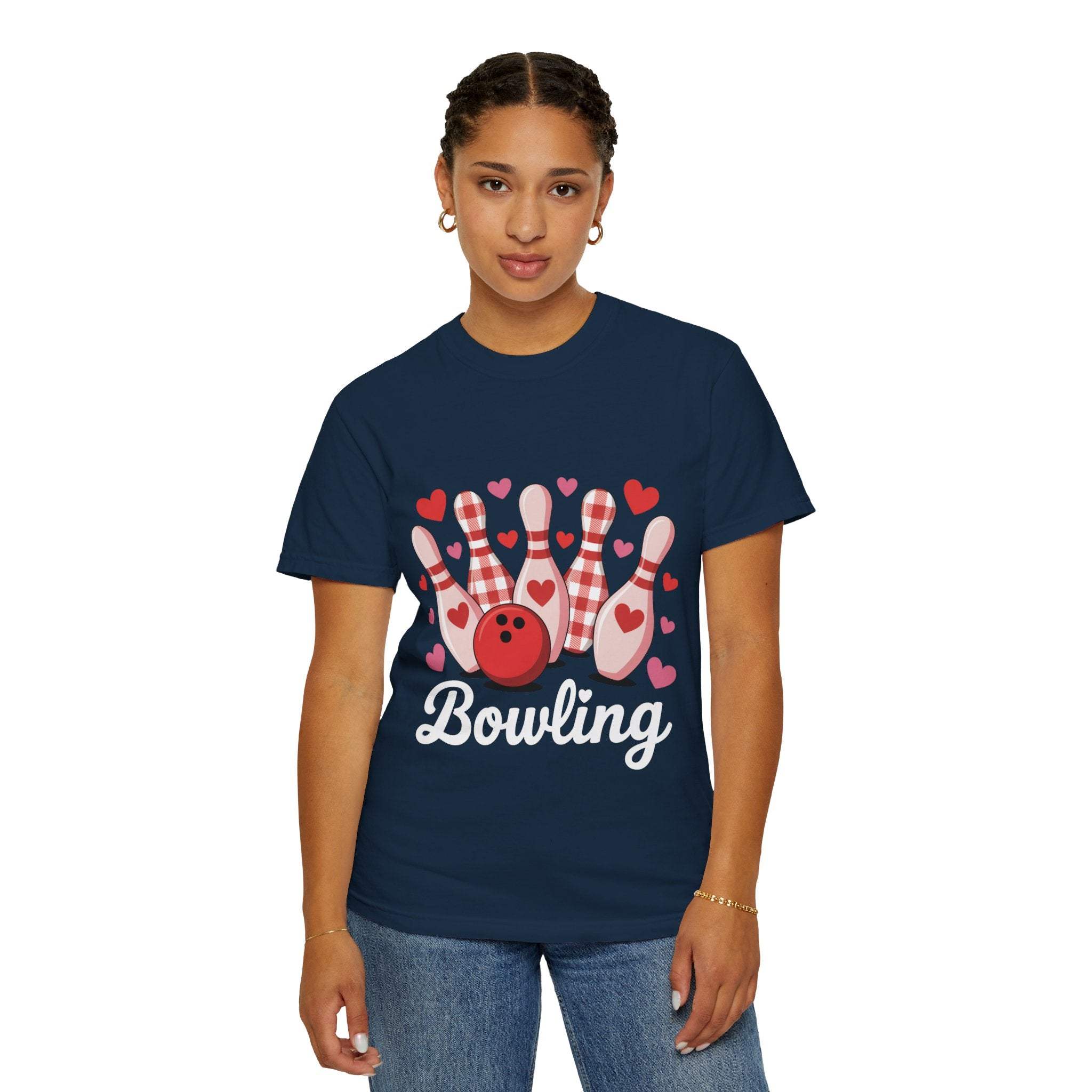 Valentine's Bowling Hearts T-shirt with tiny hearts and bowling pin design on cozy garment-dyed cotton