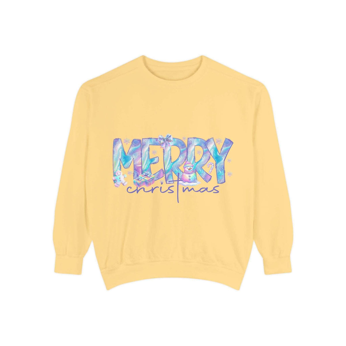 Yellow sweatshirt with iridescent Merry Christmas design and relaxed fit for cozy holiday wear