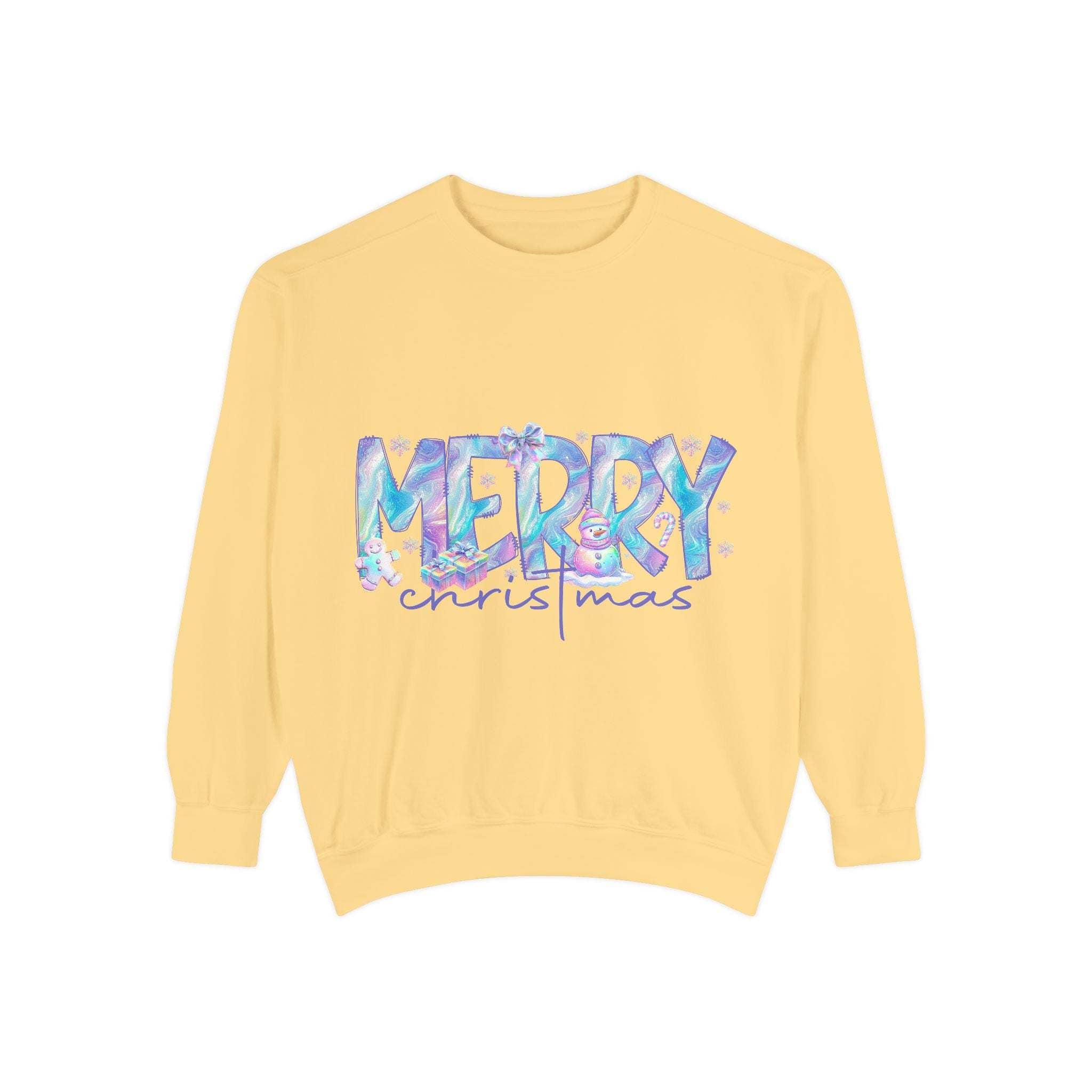Yellow sweatshirt with iridescent Merry Christmas design and relaxed fit for cozy holiday wear