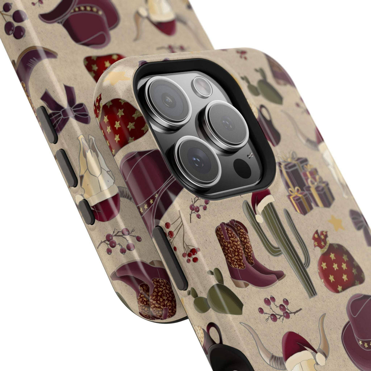 Cowboy Christmas design phone case for iPhone 17 in glossy finish by Printify, featuring festive colors and patterns.