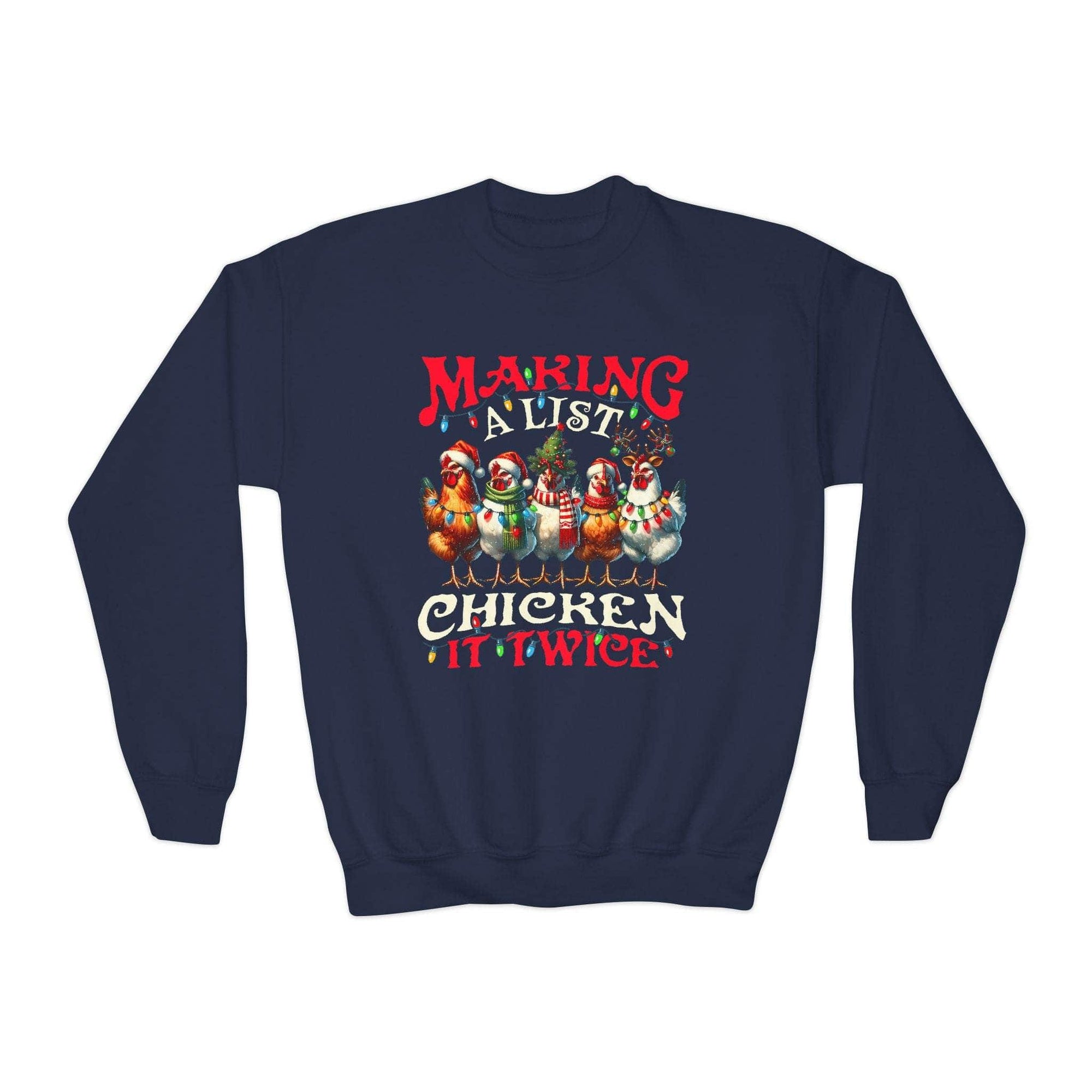 Navy youth crewneck sweatshirt featuring 'Making a List Chicken it Twice' graphic by Printify