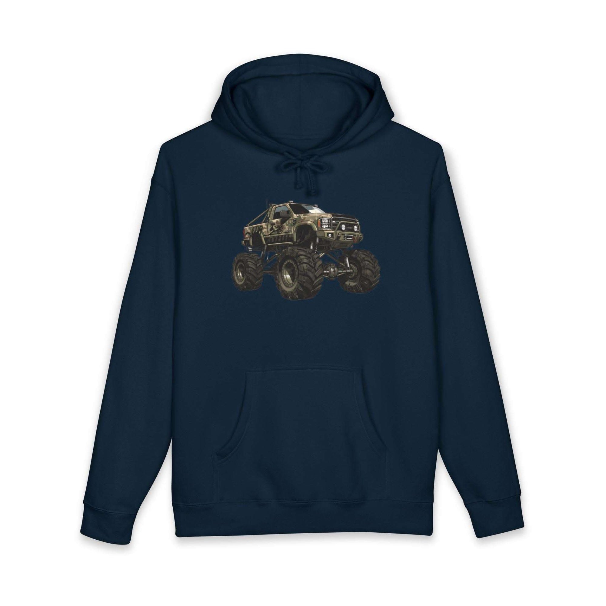 American Flag Monster Truck hoodie with camouflage graphic and distressed flag design on heavyweight fabric