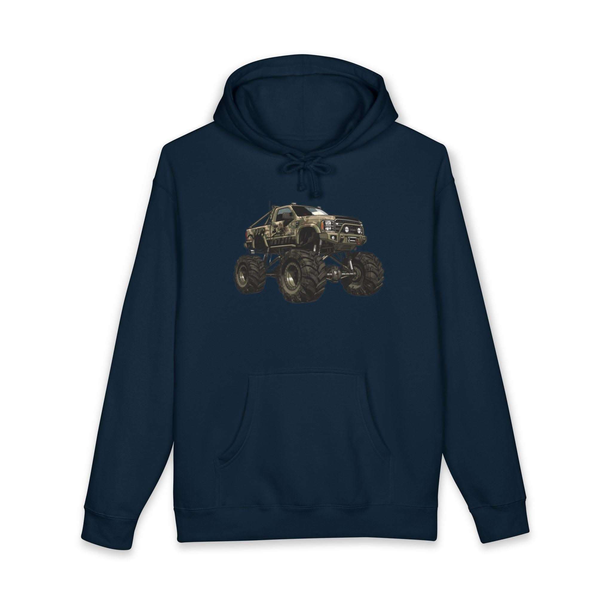 American Flag Monster Truck hoodie with camouflage graphic and distressed flag design on heavyweight fabric