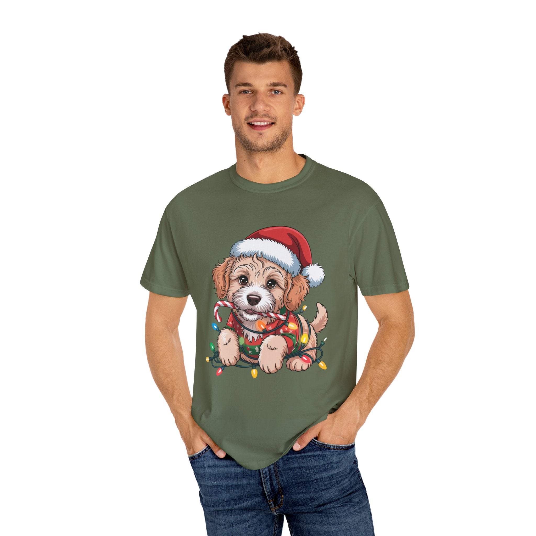 Man wearing green Labradoodle Christmas T-shirt with festive dog wearing Santa hat and holiday lights design