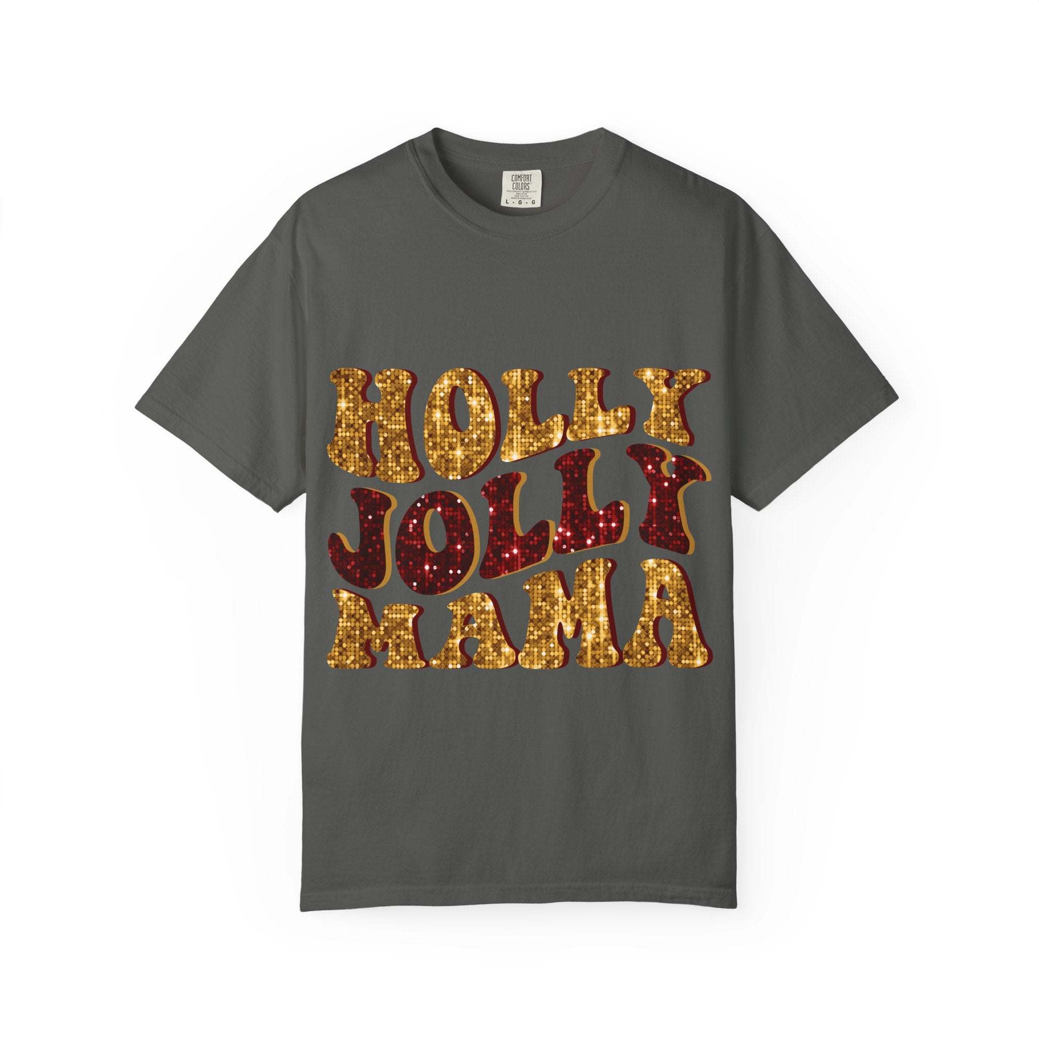 Faux Glitter Holly Jolly Mama t-shirt with festive glitter text on gray cotton tee