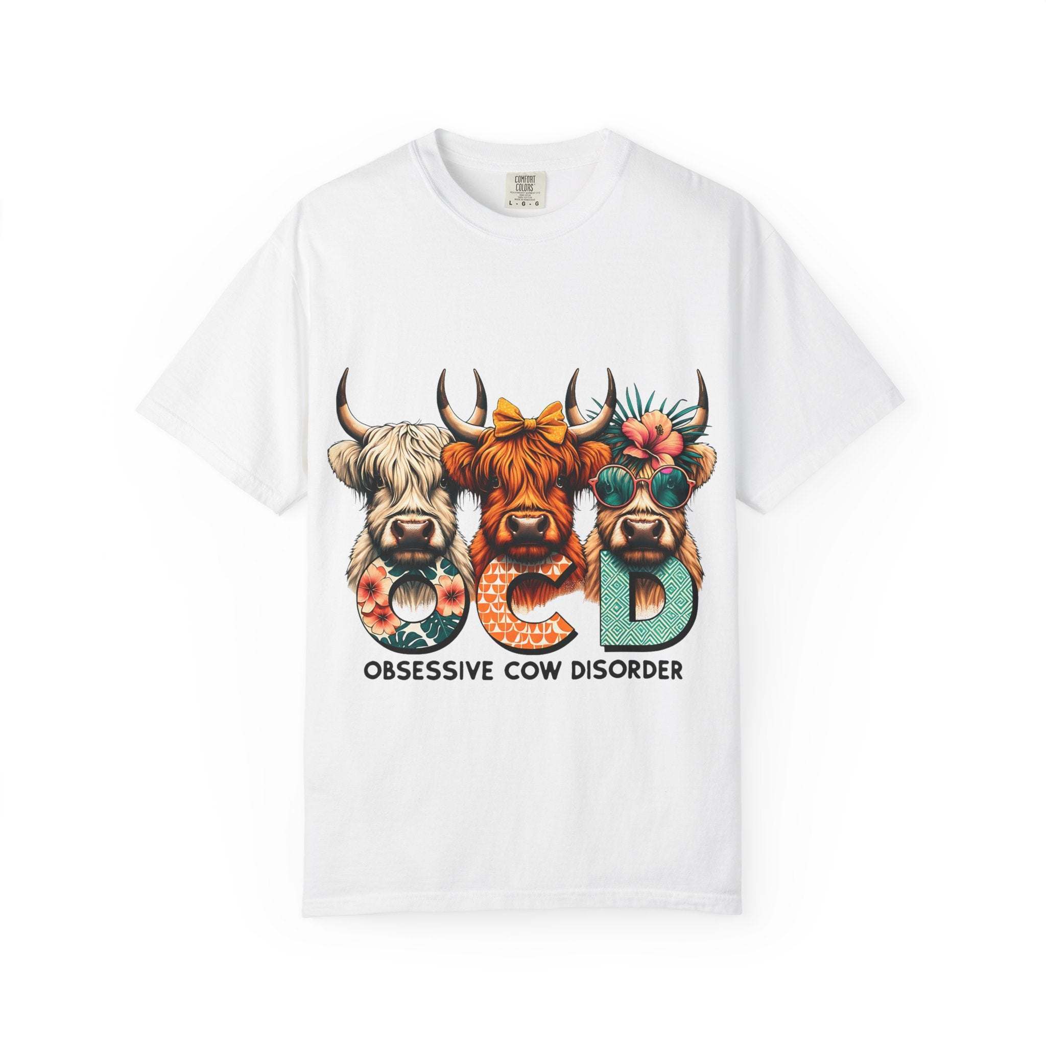 White Funny OCD Obsessive Cow Disorder T-shirt with colorful cow graphic and text design