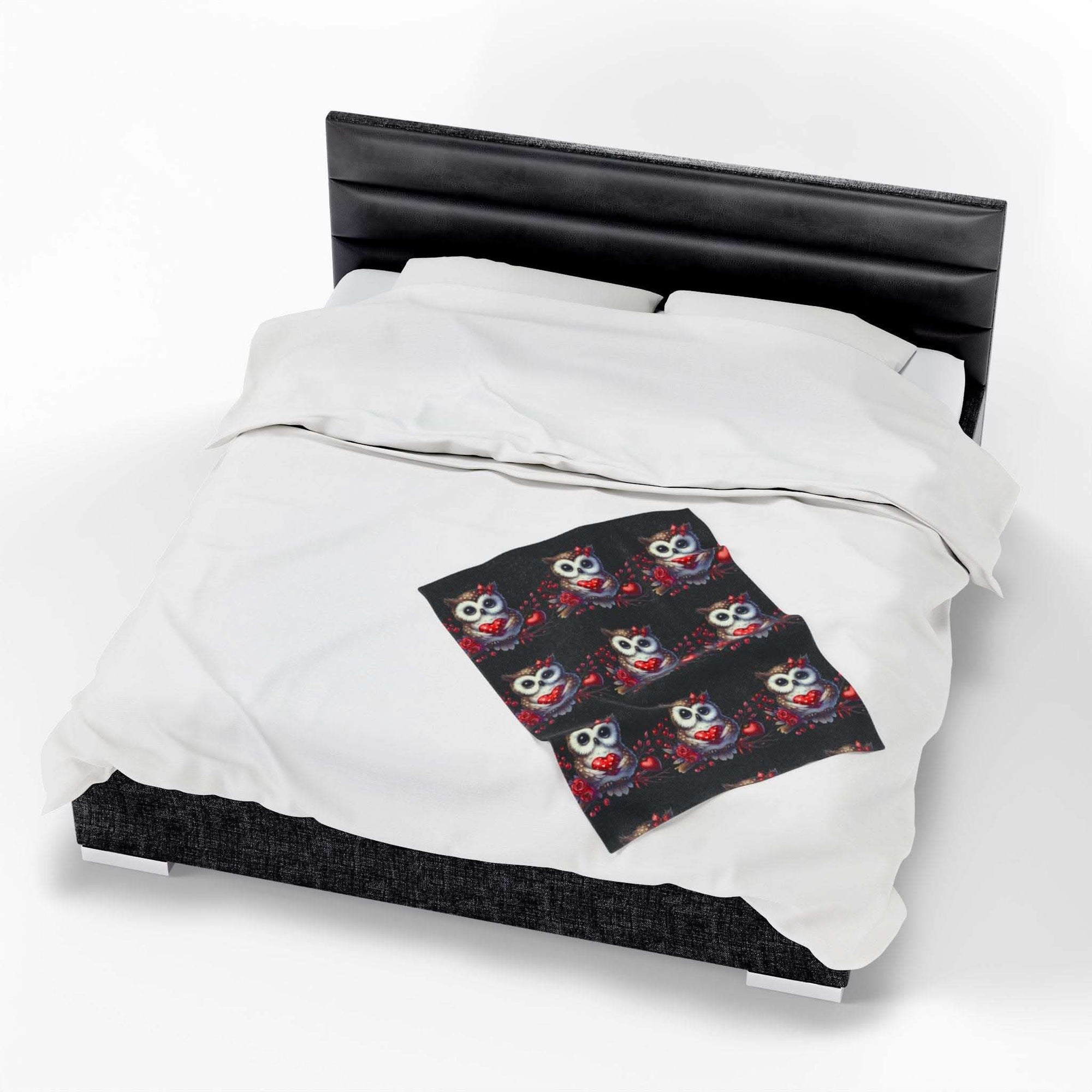 Floral Valentine Owl plush velveteen blanket with heart and floral design