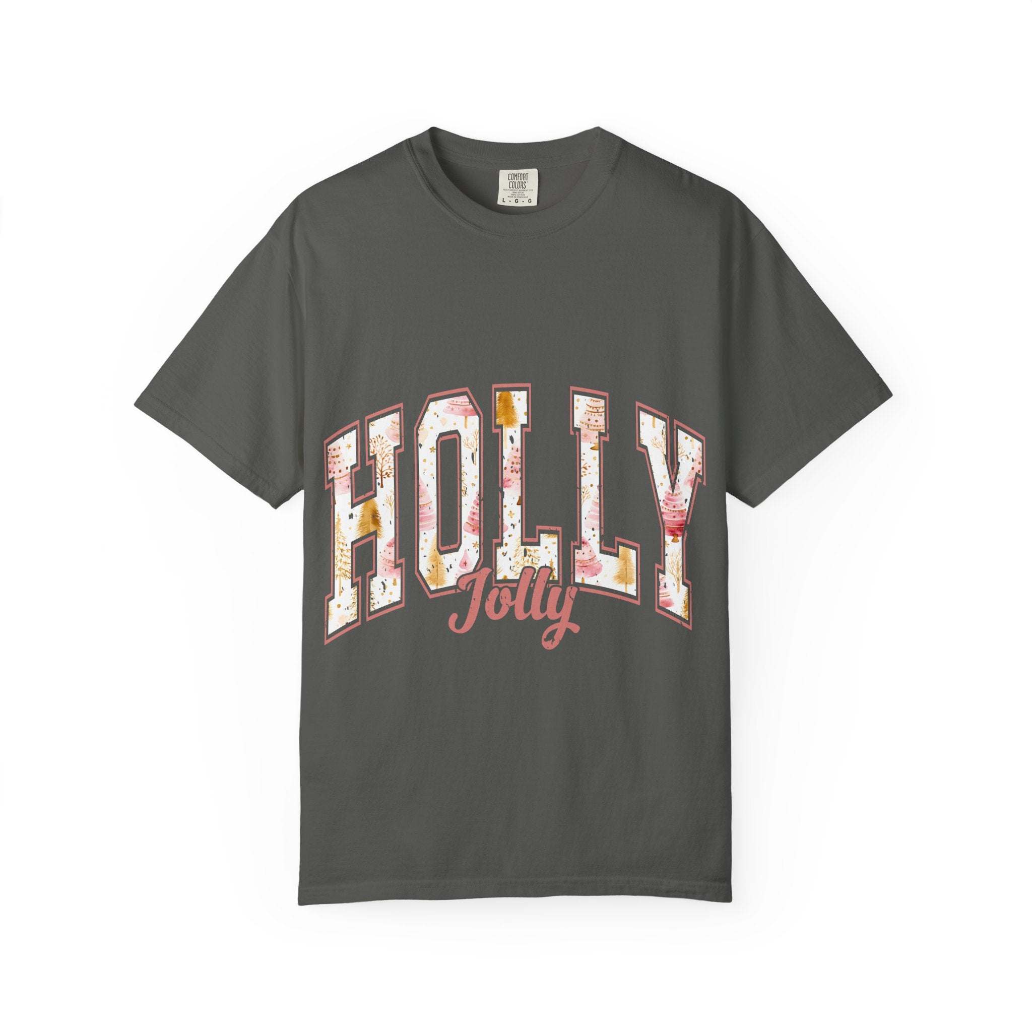 Varsity Holly Jolly T-shirt in charcoal gray with festive varsity-style lettering, unisex garment-dyed cotton tee.