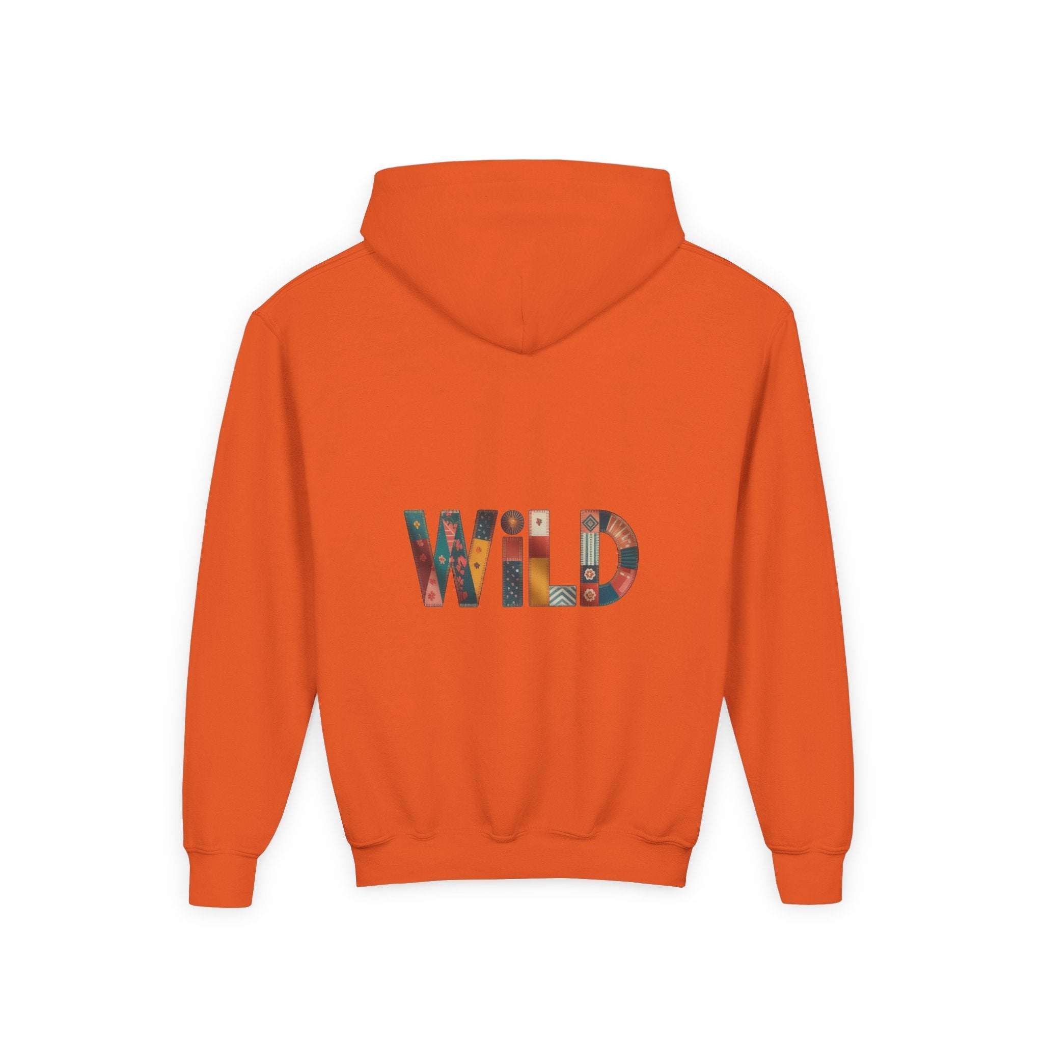 Orange Patchwork Wild Word Hoodie with colorful "WILD" text and kangaroo pocket for kids.
