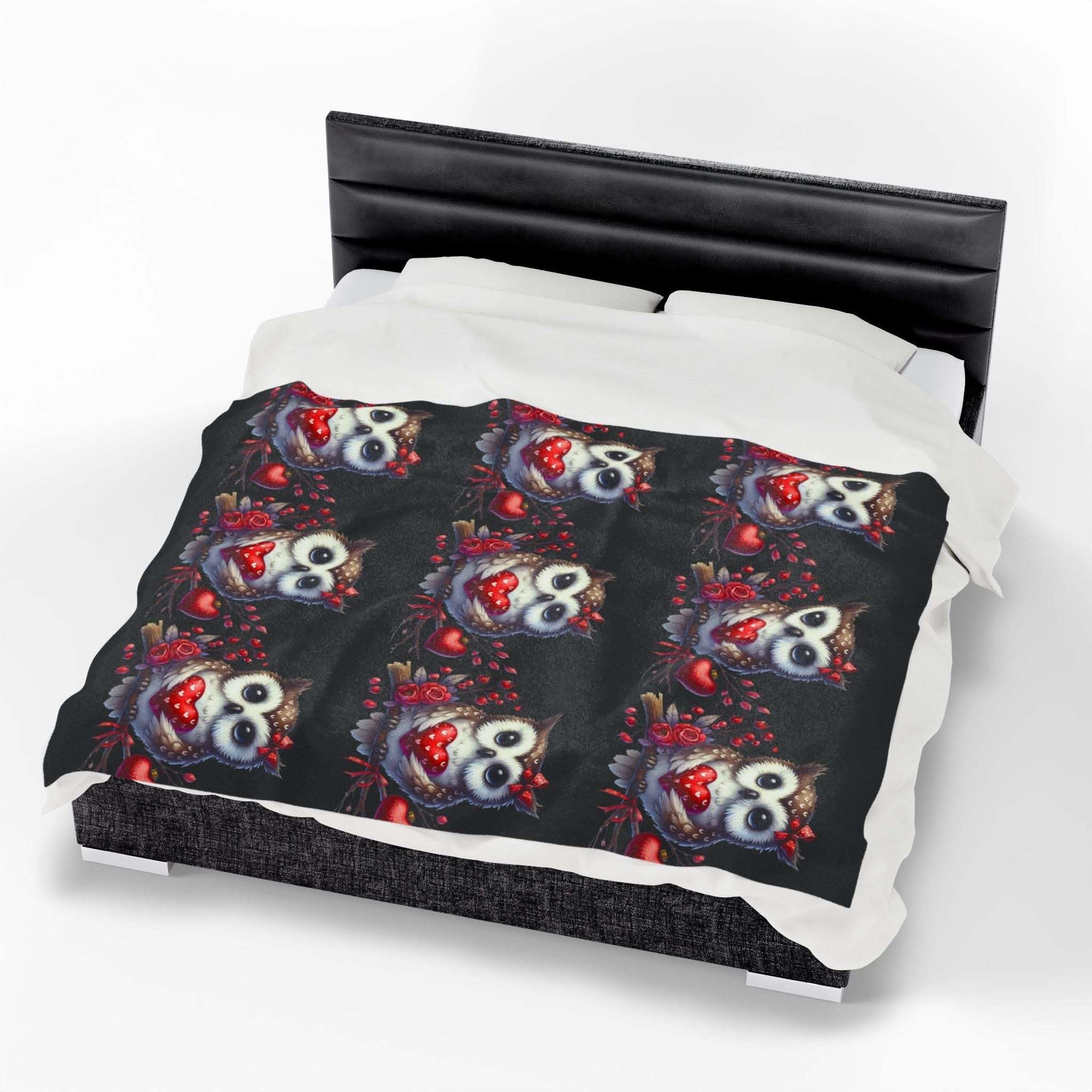 Floral Valentine Owl plush velveteen blanket with heart and flowers
