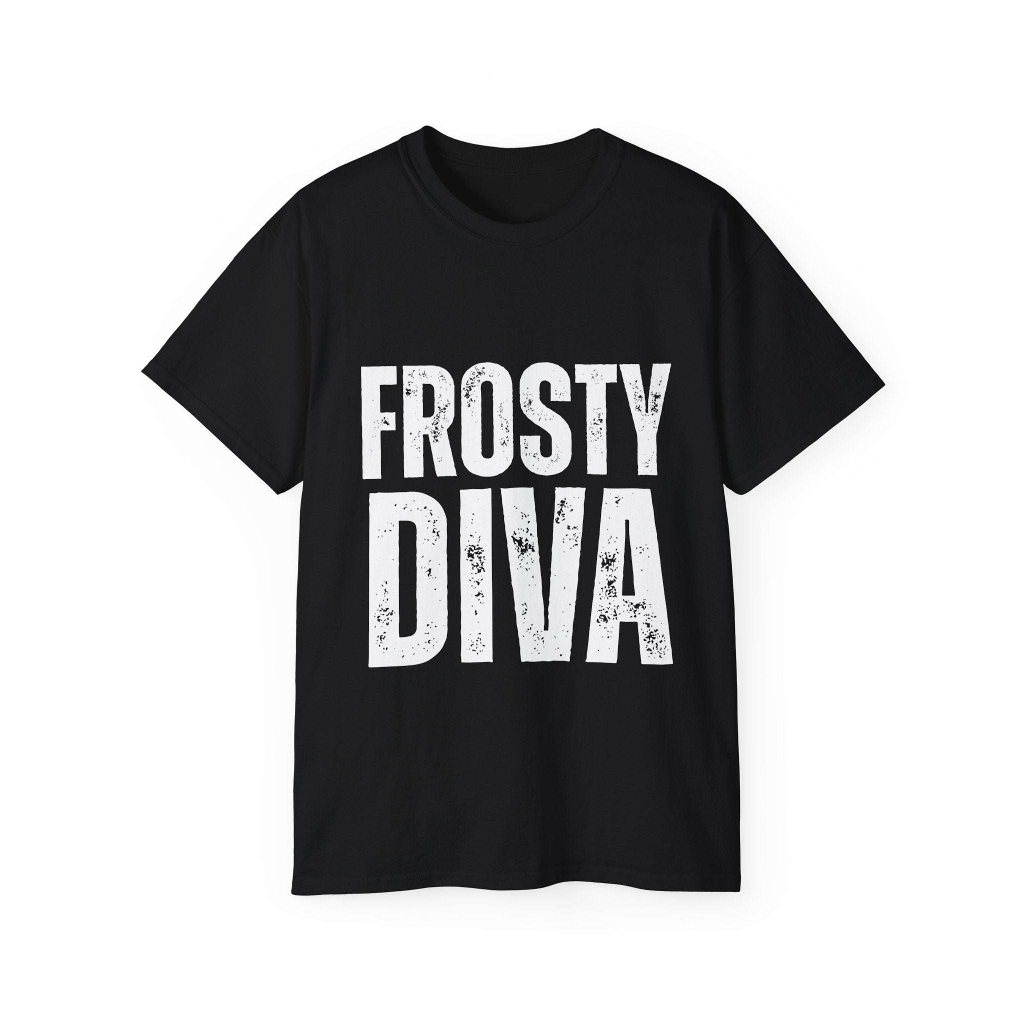 Black distressed unisex t-shirt made of eco-friendly cotton, featuring an edgy frosty diva graphic design