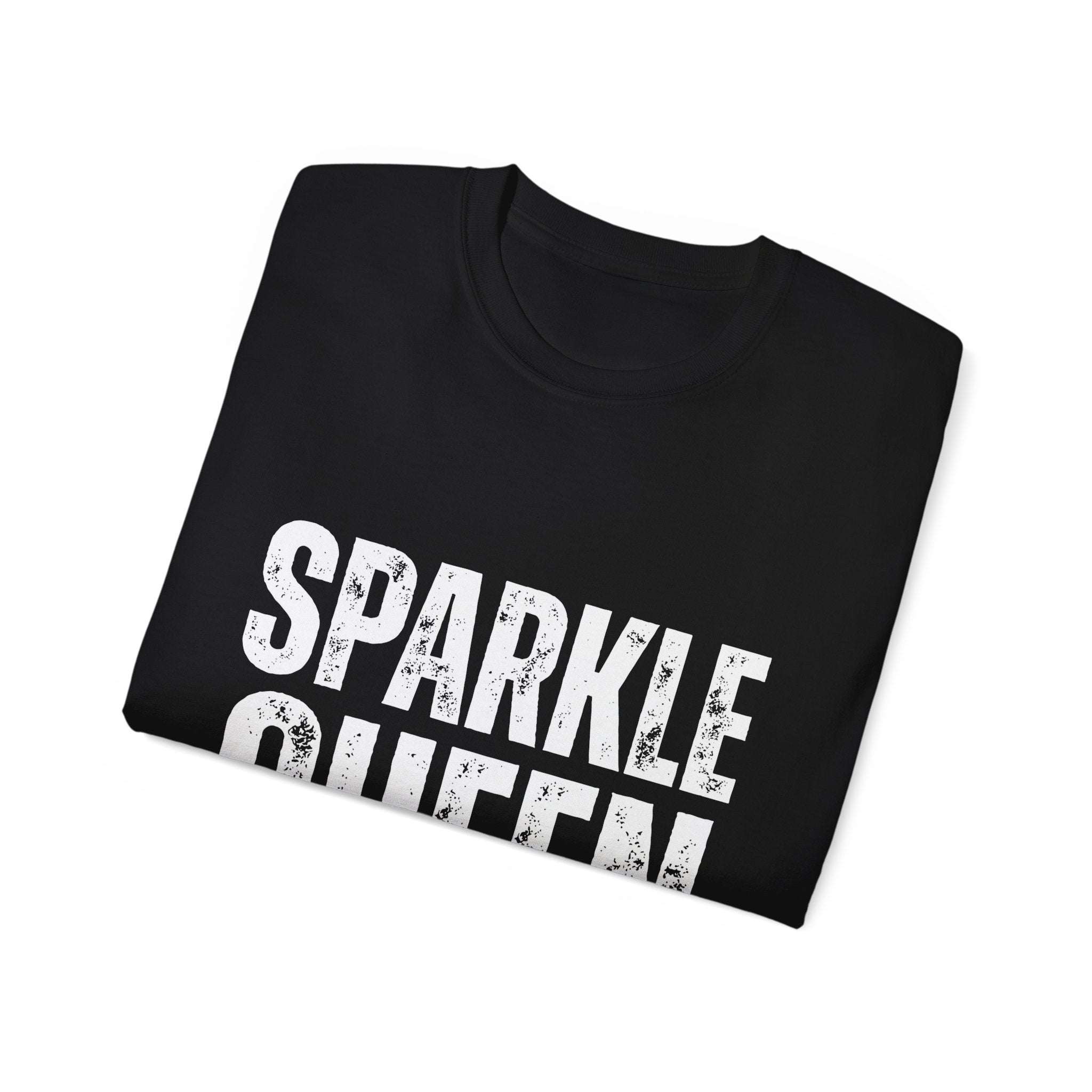Black Sparkle Queen T-Shirt with distressed white graphic, perfect for fashion-forward adults and celebrations.