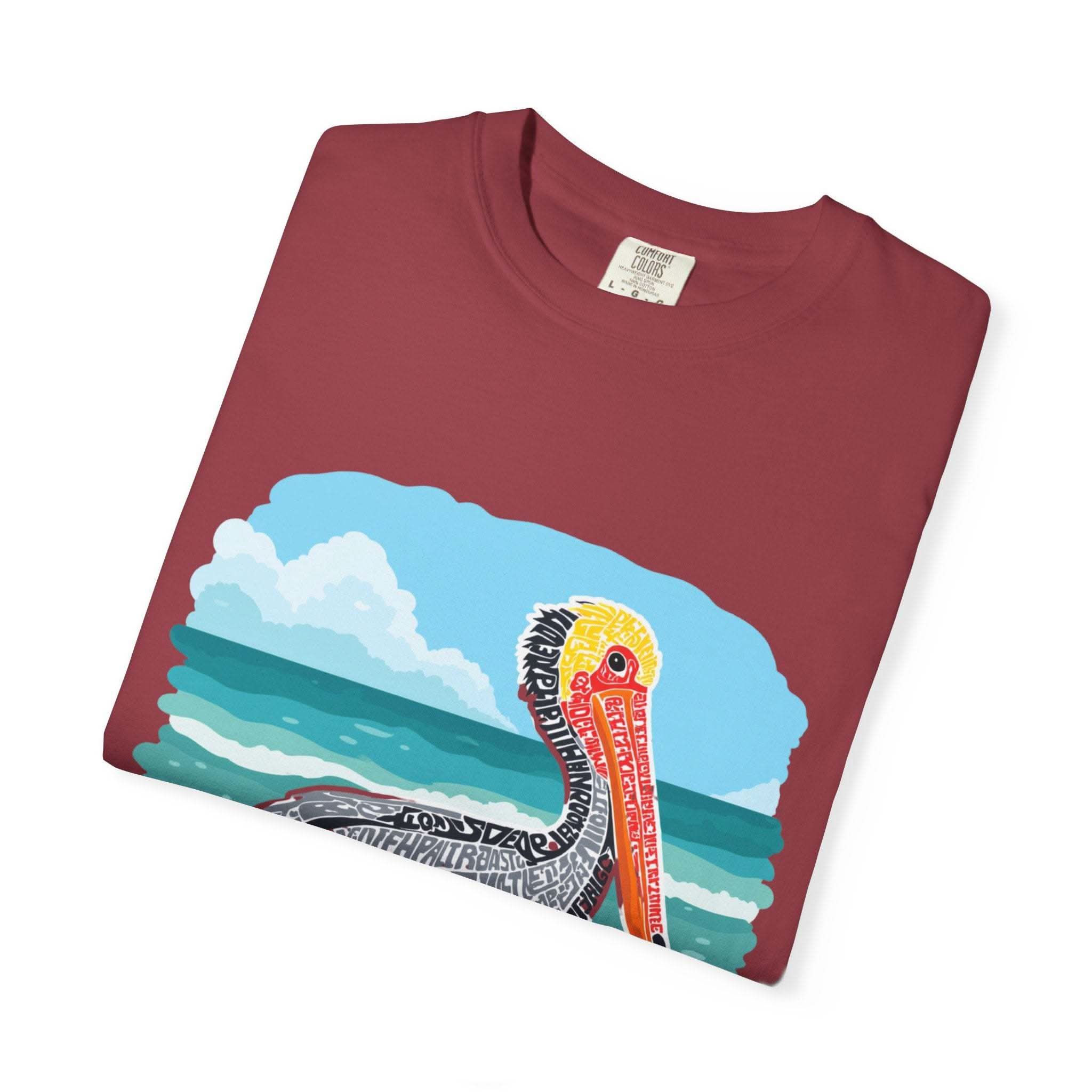 Vintage Pelican Letter Poster graphic tee with coastal design and muted washed color