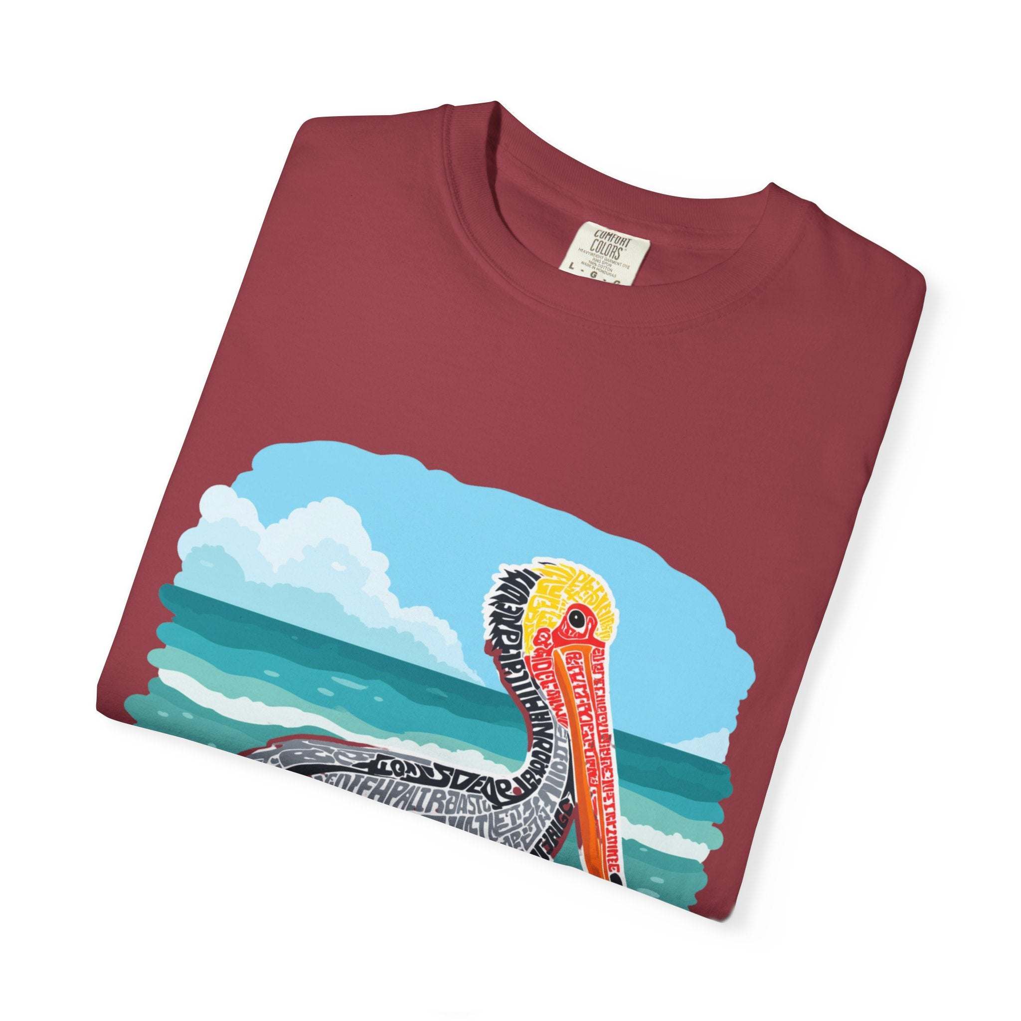 Vintage Pelican Letter Poster graphic tee with coastal design and muted washed color