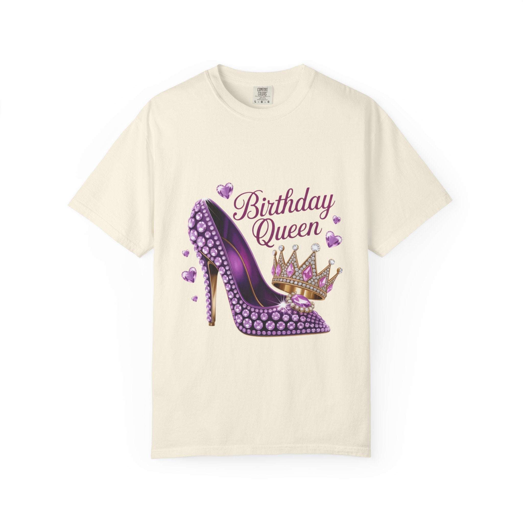 Birthday Queen High Heel purple graphic T-shirt on cream background