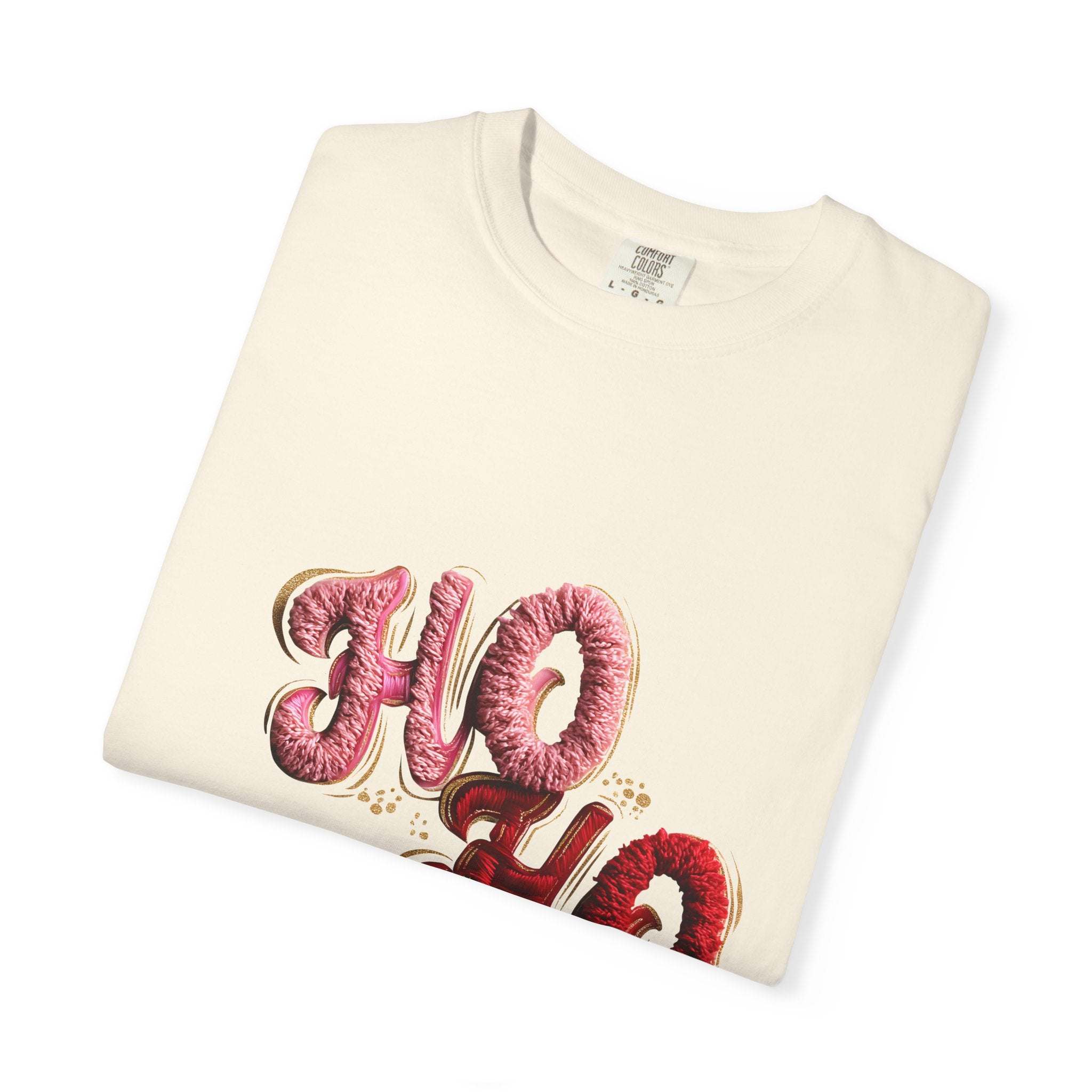White Christmas graphic tee featuring faux puffy crochet 'Ho, Ho, Ho' design by Printify