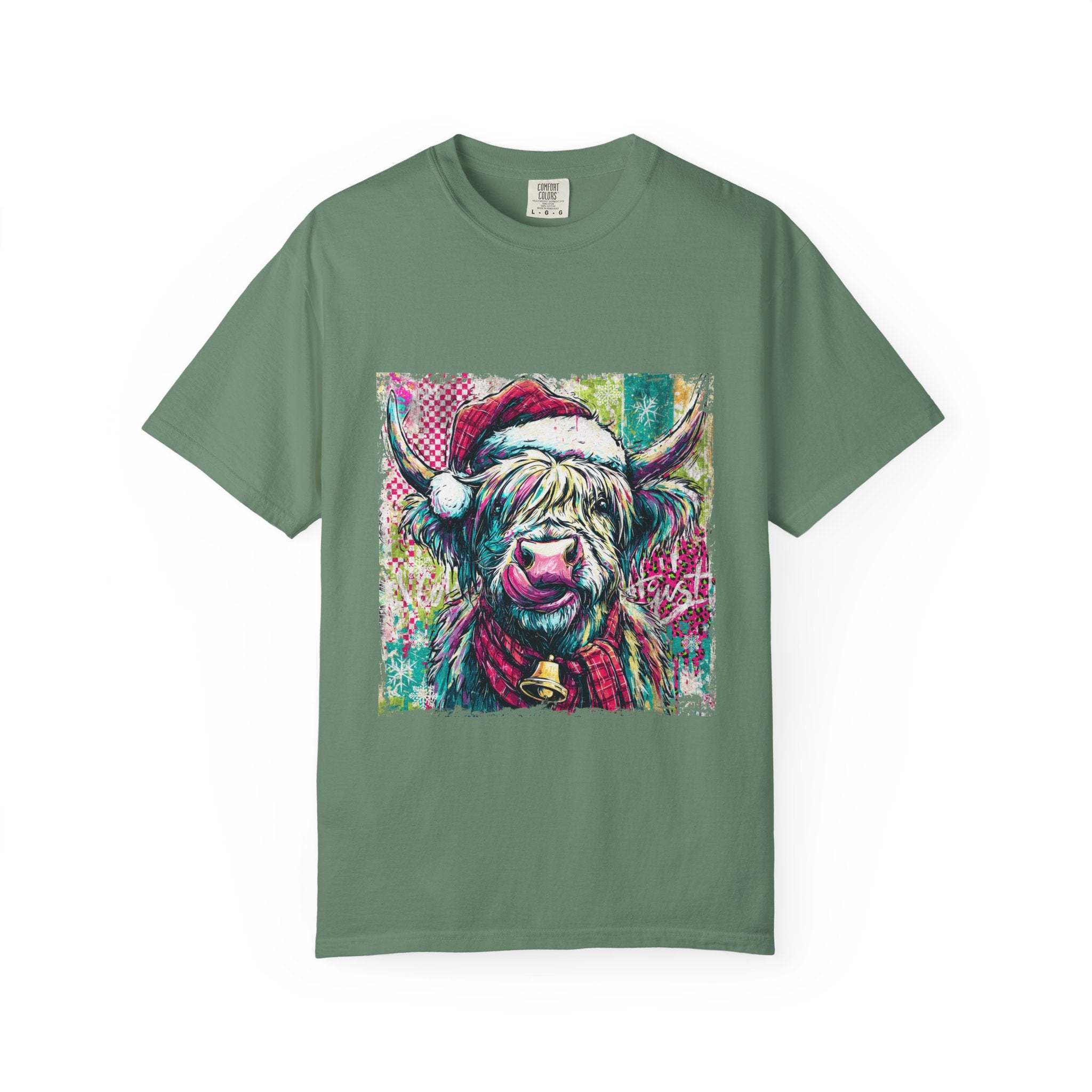 Retro Santa Highland Cow graphic on green cotton T-shirt