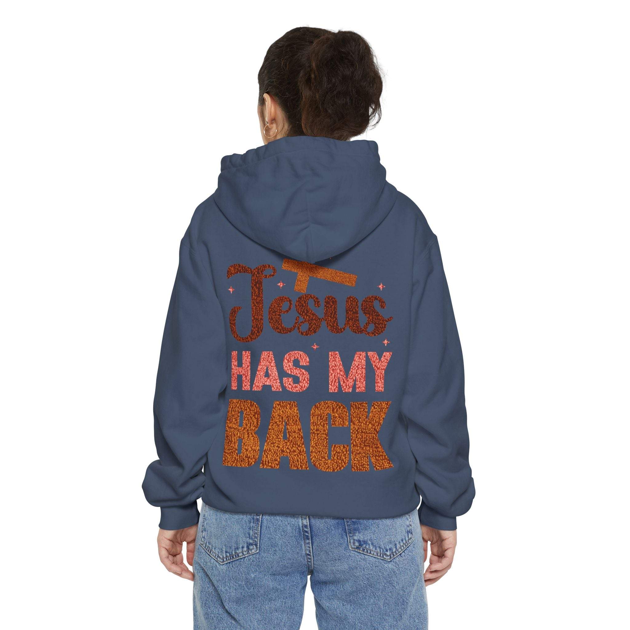 Jesus Has My Back Hoodie soft faith-based pullover with uplifting shoulder text
