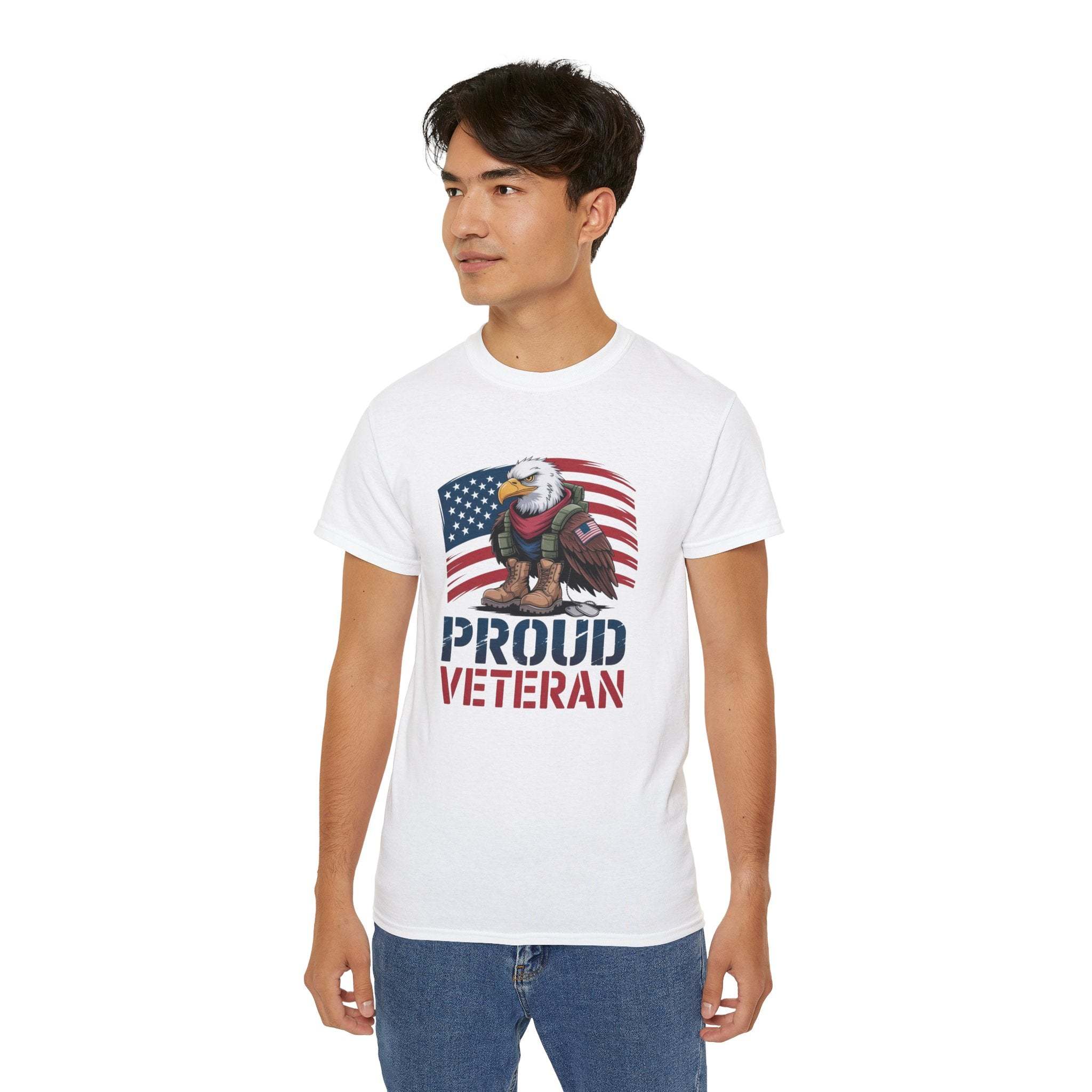 White Veteran Tee Shirt with Proud Veteran eagle and US flag design, unisex classic fit cotton tee