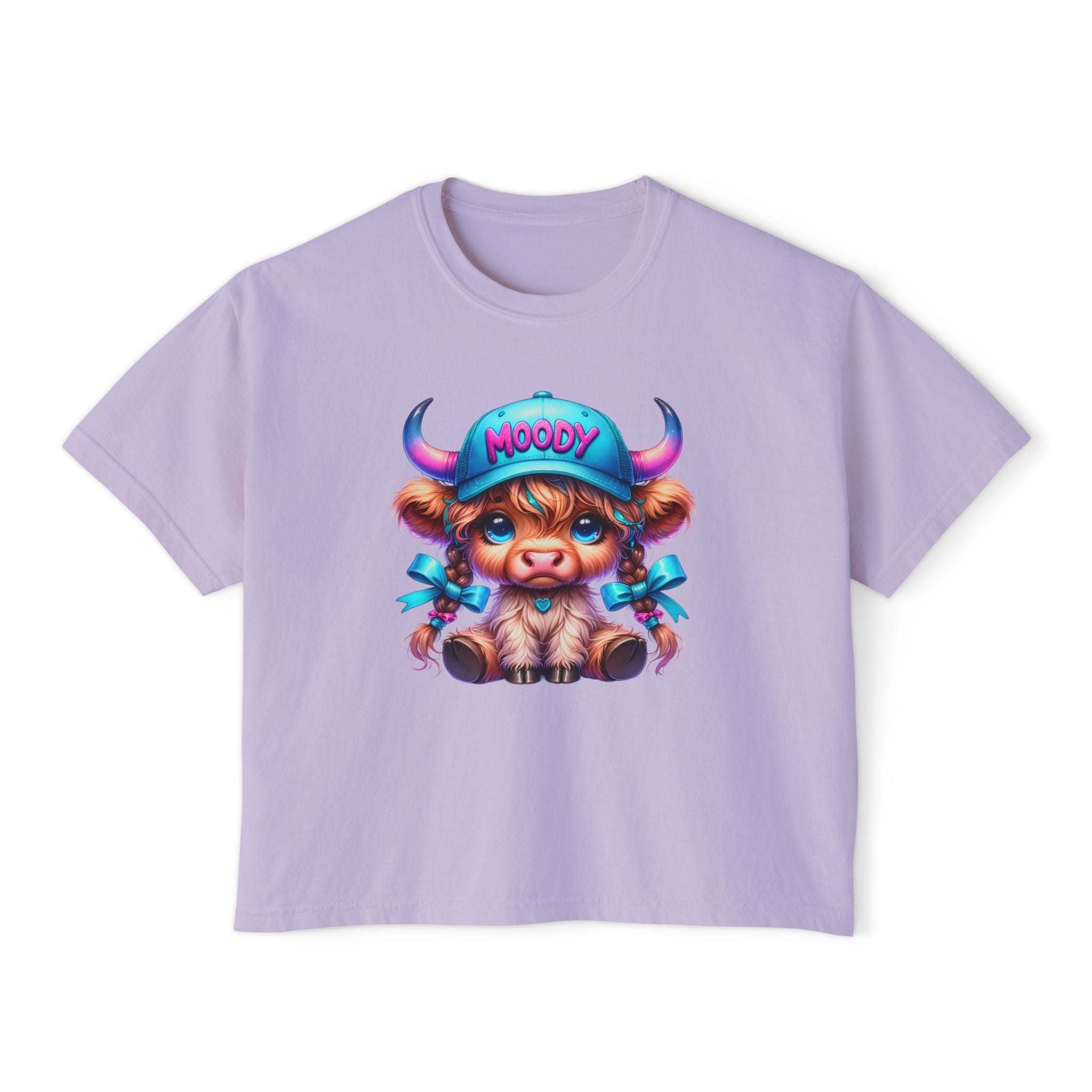 Purple women's boxy tee with moody girl highland cow graphic