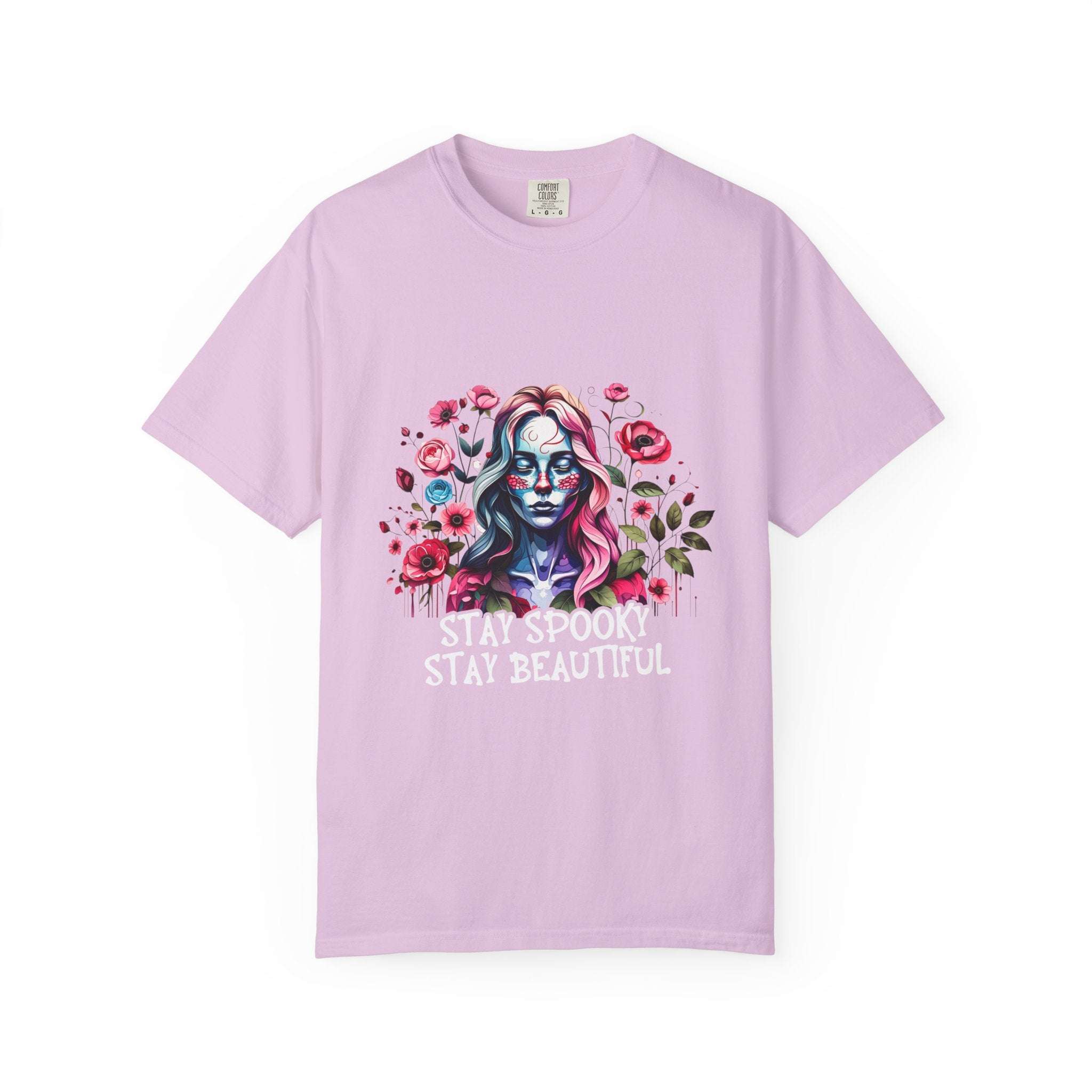 lavender floral skeleton t-shirt with spooky skull woman design and "Stay Spooky Stay Beautiful" text, relaxed fit unisex tee
