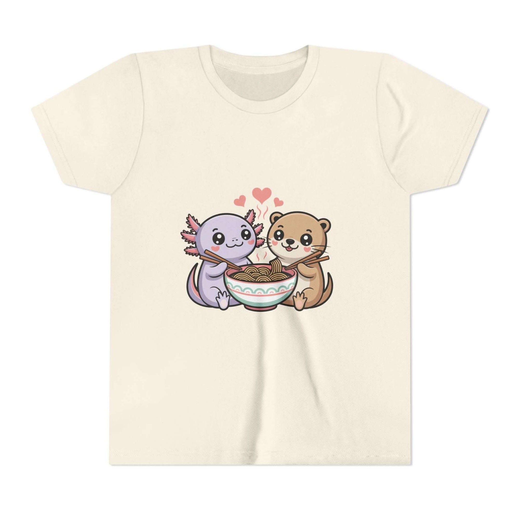 Cute Kawaii Animal Kids Shirt with axolotl and otter ramen illustration on lightweight cotton tee